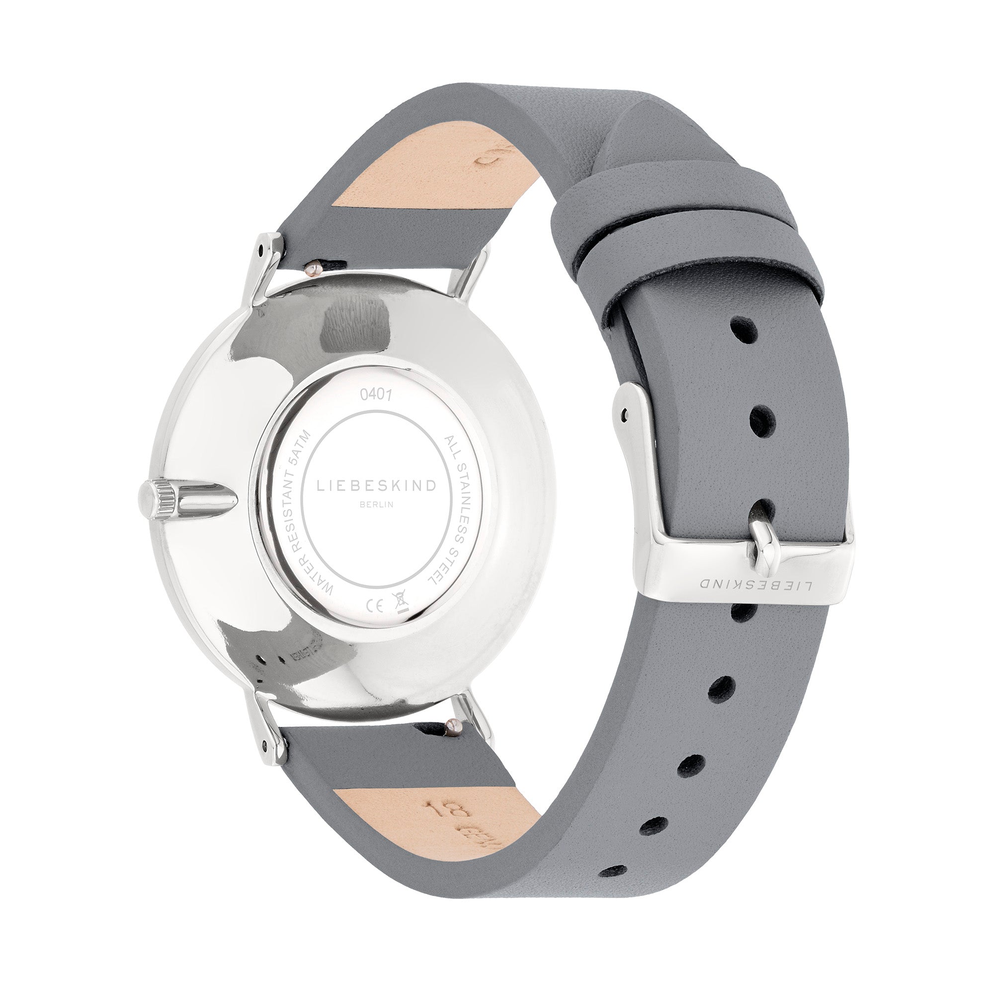 Rückansicht der LIEBESKIND BERLIN Armbanduhr - The Modern Must-Have von Liebeskind Berlin: Die silberne Uhr hat ein graues Echtlederband und eine Sicherheitsschließe.