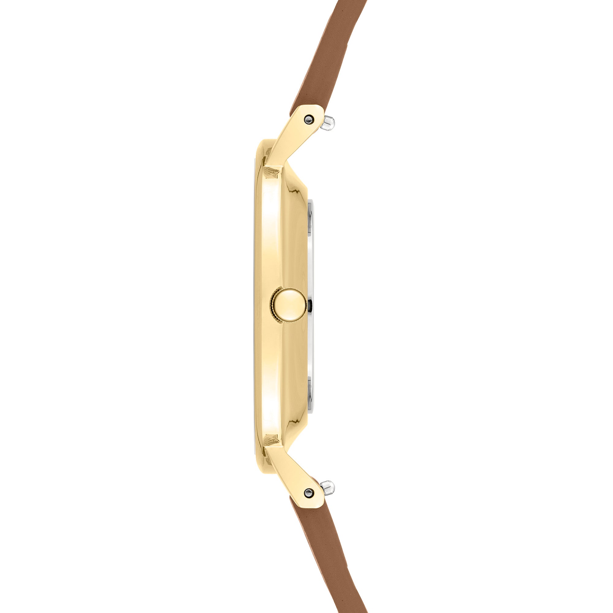 Seitenansicht der LIEBESKIND BERLIN Armbanduhr - The Modern Must-Have von Liebeskind Berlin, einer goldenen Damenuhr mit braunem Echtlederarmband, dargestellt auf weißem Hintergrund.