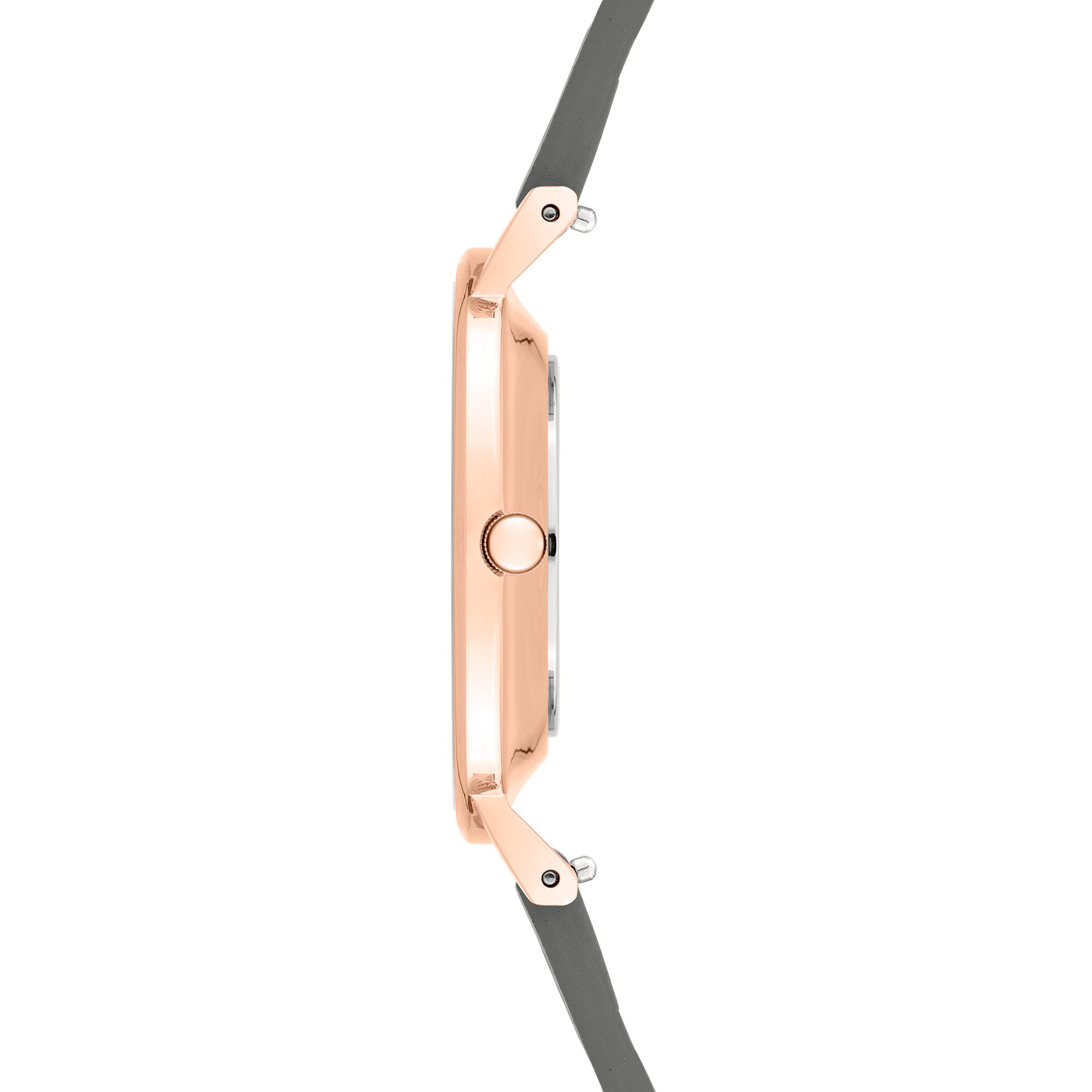 Seitenansicht der LIEBESKIND BERLIN Armbanduhr - The Modern Must-Have von Liebeskind Berlin, mit einem schlanken roségoldenen Gehäuse und einem eleganten schwarzen Echtleder-Armband.