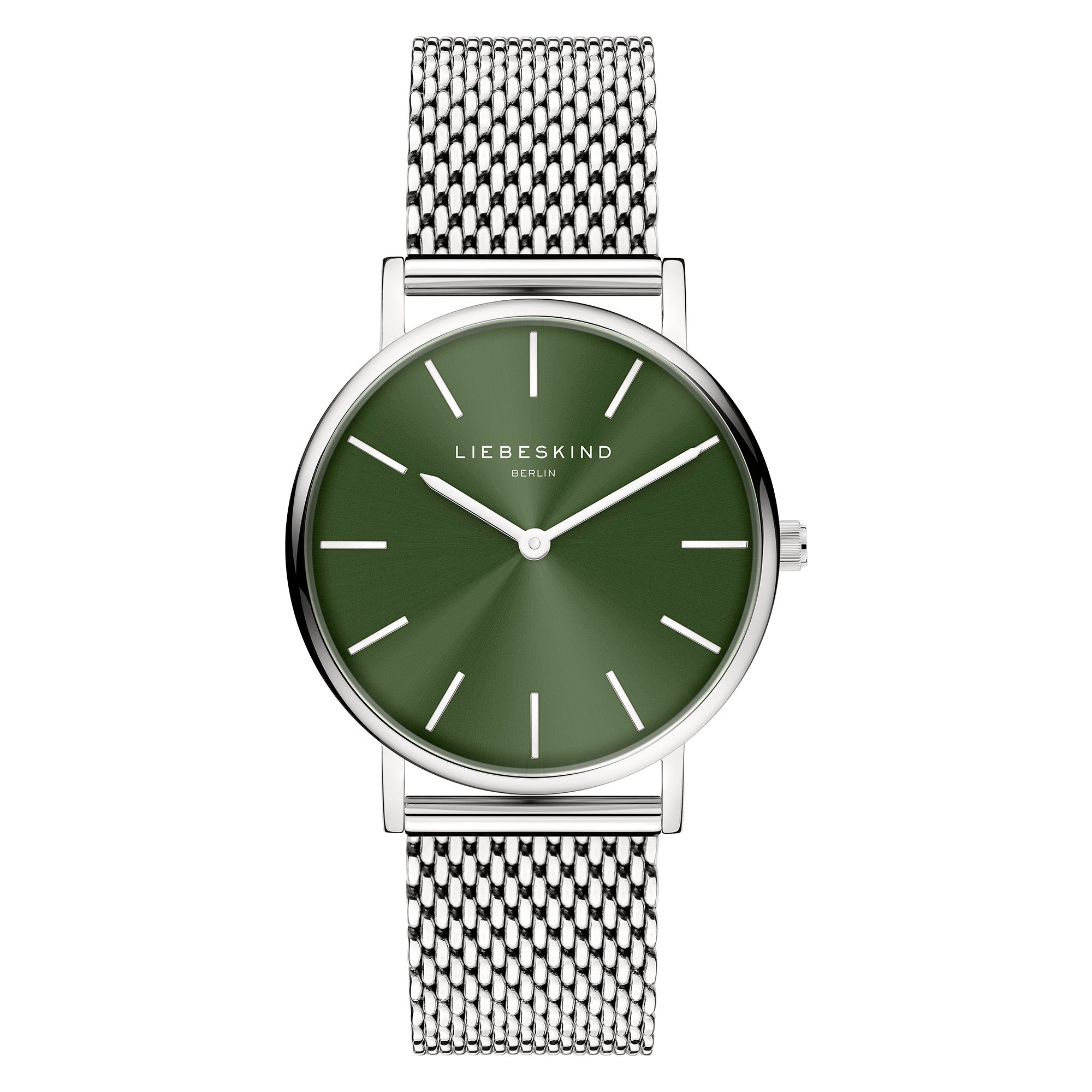 Die LIEBESKIND BERLIN Armbanduhr - Color Up von Liebeskind Berlin hat ein silbernes Edelstahlarmband, ein grünes Zifferblatt, minimalistische weiße Stundenmarkierungen, 5 ATM Wasserdichtigkeit und ist mit LIEBESKIND BERLIN beschriftet.