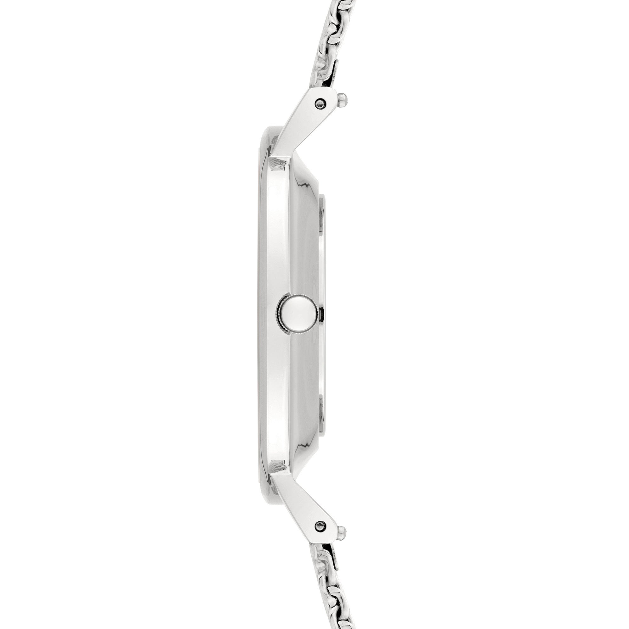 Seitenansicht der silbernen LIEBESKIND BERLIN Armbanduhr - Color Up von Liebeskind Berlin mit schlankem Gehäuse, elegantem Edelstahl-Meshband und 5 ATM Wasserdichtigkeit, dargestellt vor einem weißen Hintergrund.