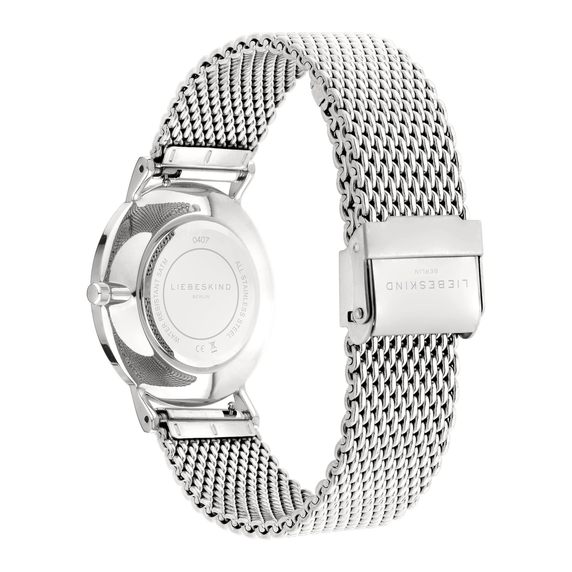 Die LIEBESKIND BERLIN Armbanduhr - Color Up besticht durch ein silbernes Edelstahl-Meshband, gravierte Schließe und blickbare Gehäuserückseite; 5 ATM wasserdicht sorgt für Alltagseleganz.