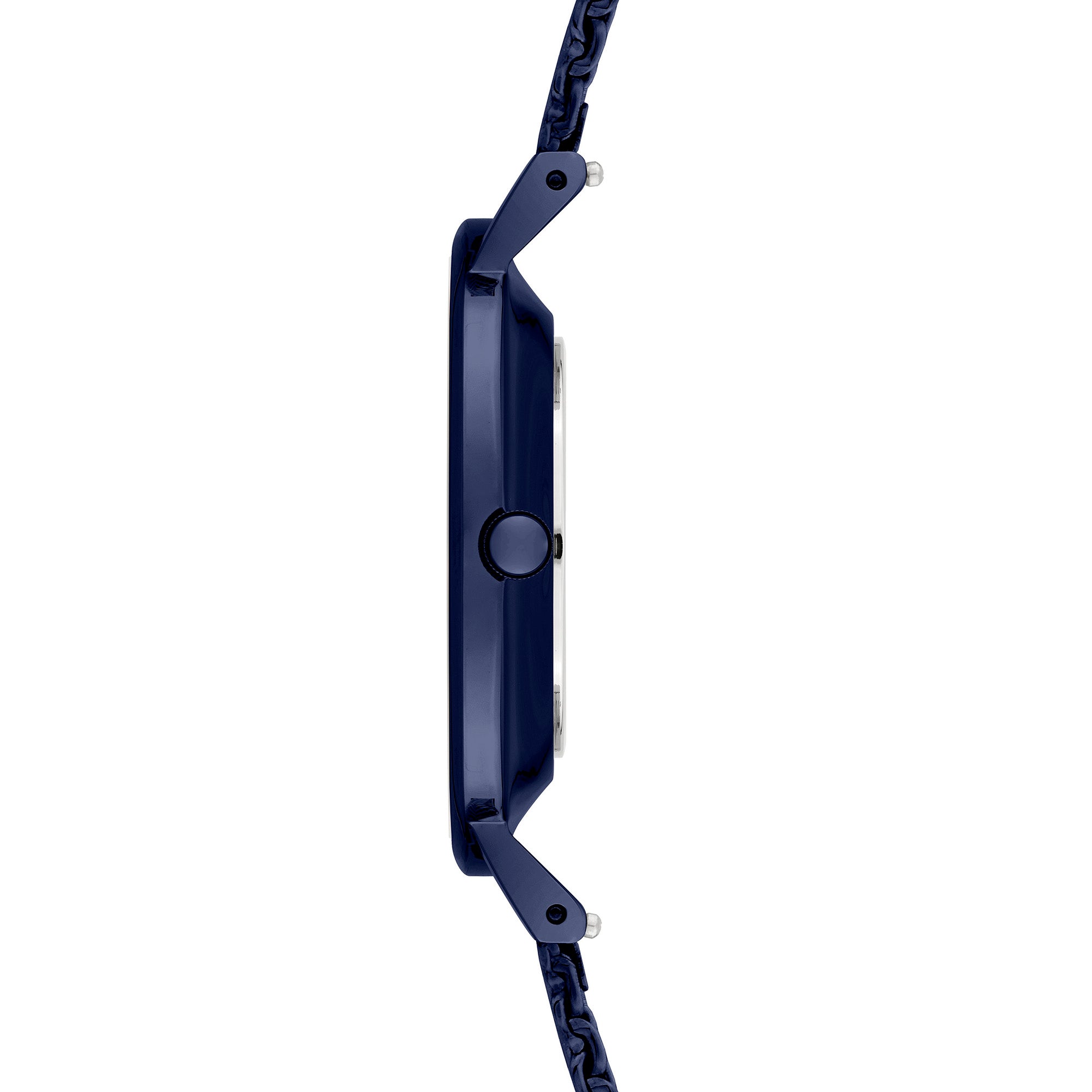 Seitenansicht einer blauen LIEBESKIND BERLIN Armbanduhr - Color Up mit rundem Gehäuse, rechtsseitigem Knopf und einem eleganten Edelstahl-Meshband von Liebeskind Berlin.