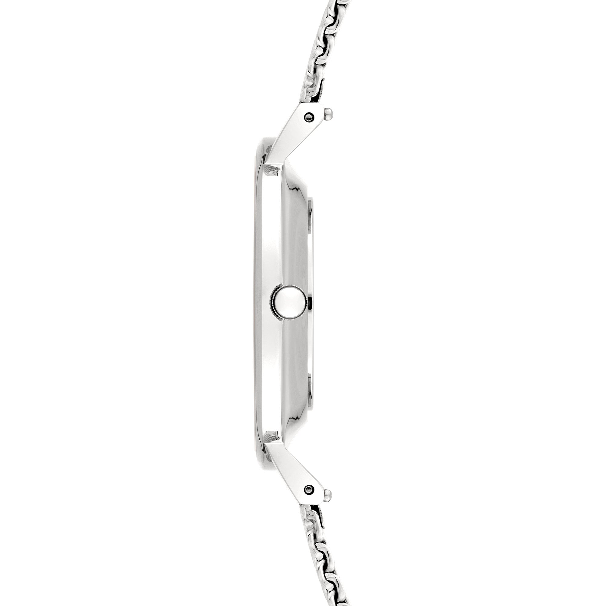 Seitenansicht der schlanken LIEBESKIND BERLIN Armbanduhr - Color Up von Liebeskind Berlin: eine silberne Edelstahluhr mit Netzarmband und runder Krone, inspiriert vom minimalistischen skandinavischen Design.