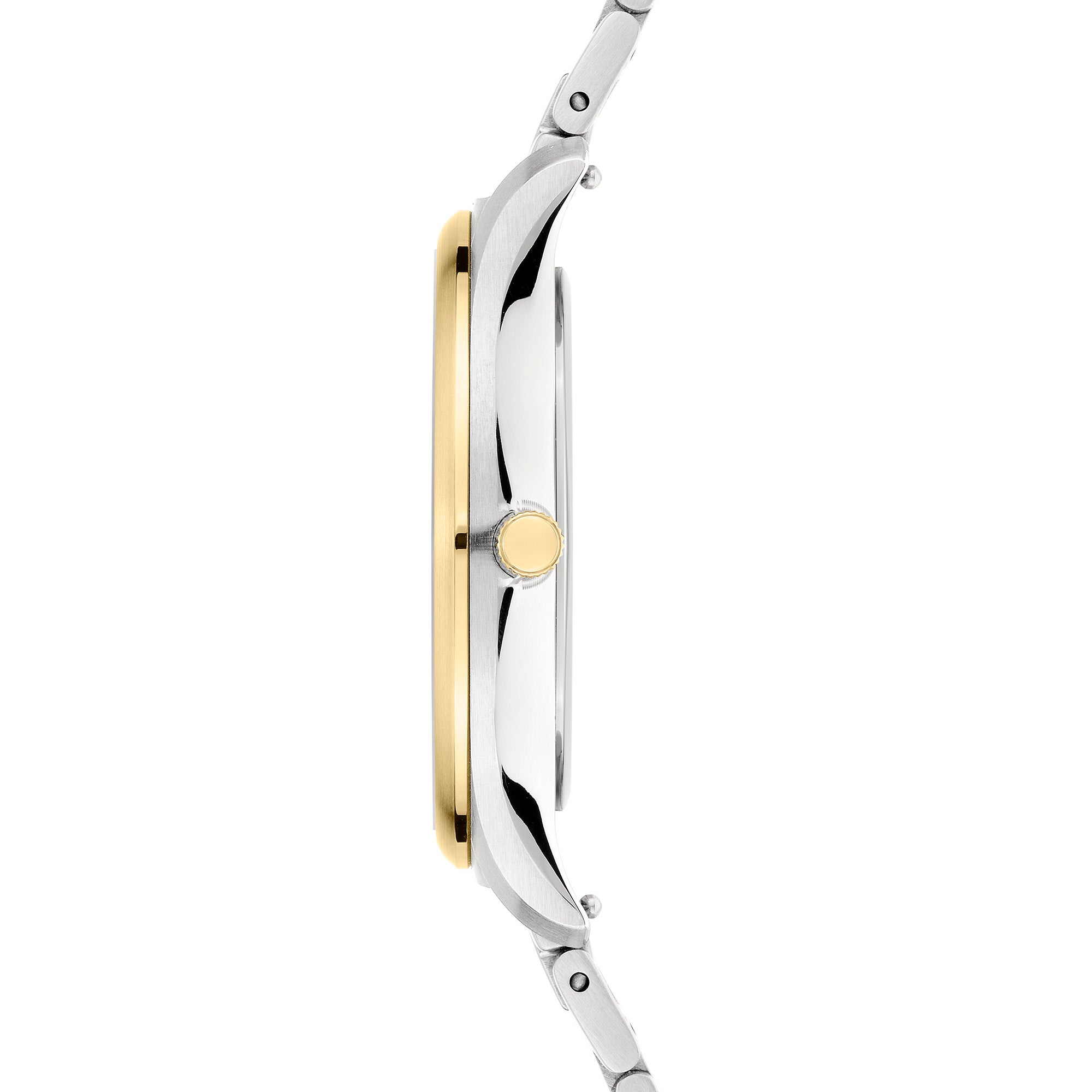 Seitenansicht der schlanken LIEBESKIND BERLIN Armbanduhr - Classic x Trends in Silber und Gold von Liebeskind Berlin, mit Metallarmband, runder Krone und zeitlosem, skandinavisch inspiriertem Design.