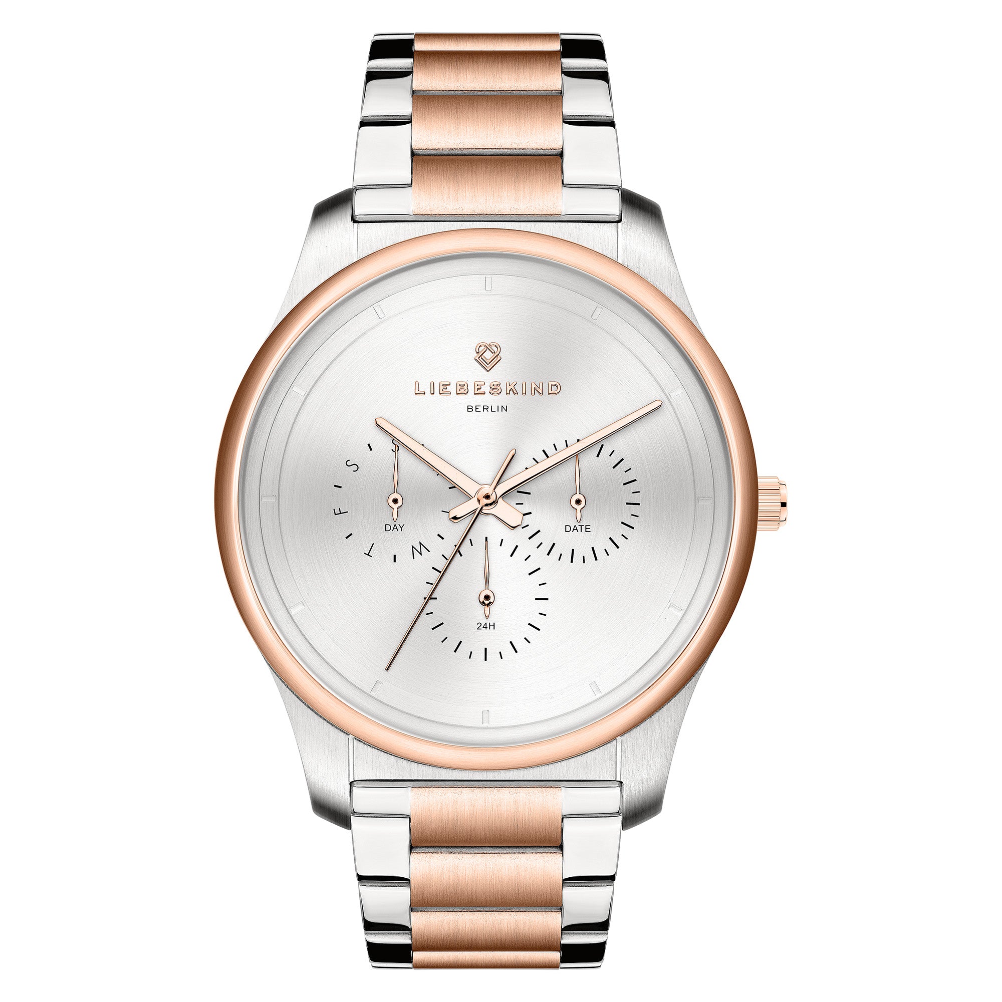 Die LIEBESKIND BERLIN Armbanduhr - Classic x Trends von Liebeskind Berlin hat ein silbernes und roségoldenes Finish, skandinavisches Design, drei Hilfszifferblätter auf einem weißen Zifferblatt und ein Metallgliederband.