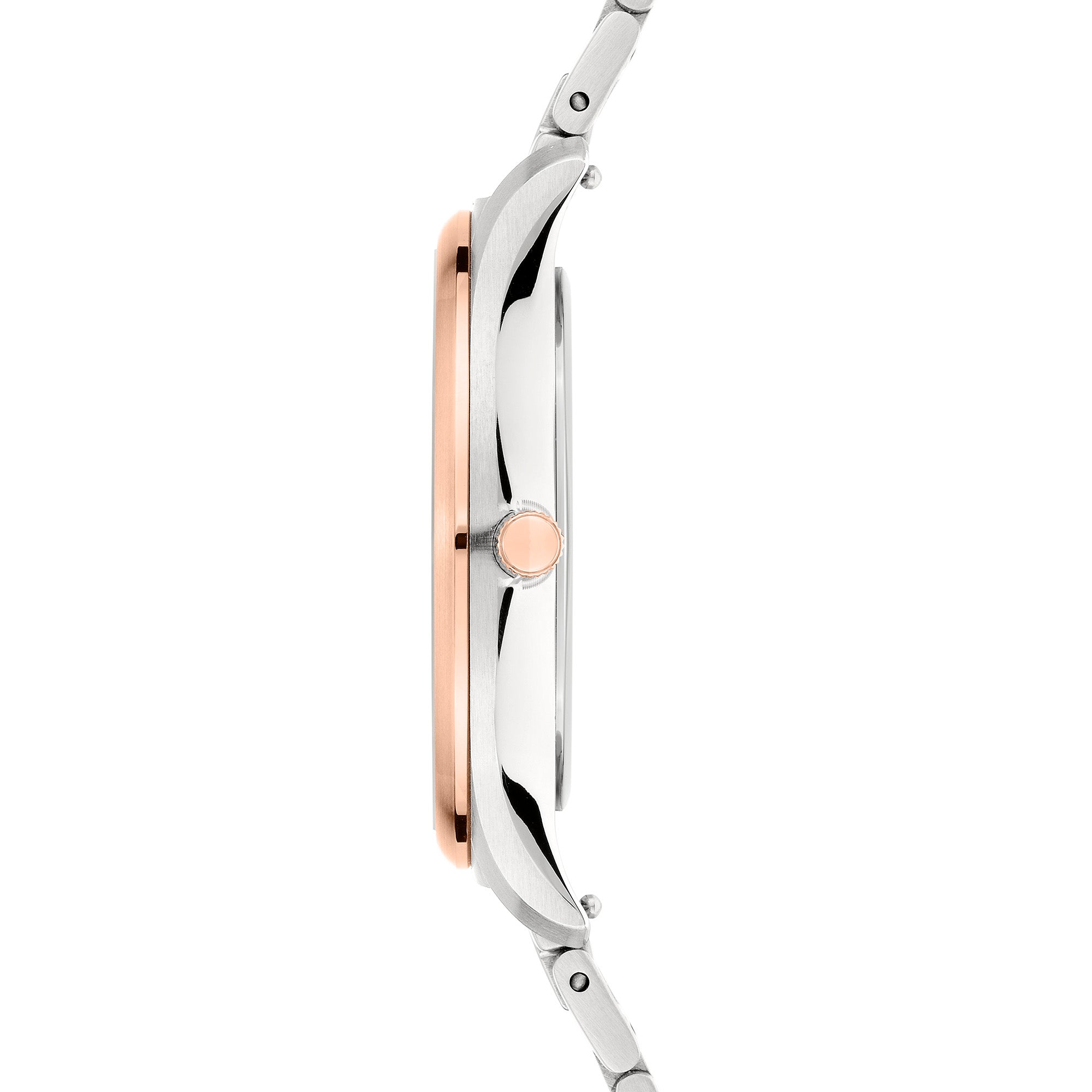 Seitenansicht der schlanken Liebeskind Berlin Armbanduhr - Classic x Trends, im skandinavischen Design mit silber- und roségoldenem Gehäuse und Metallarmband.