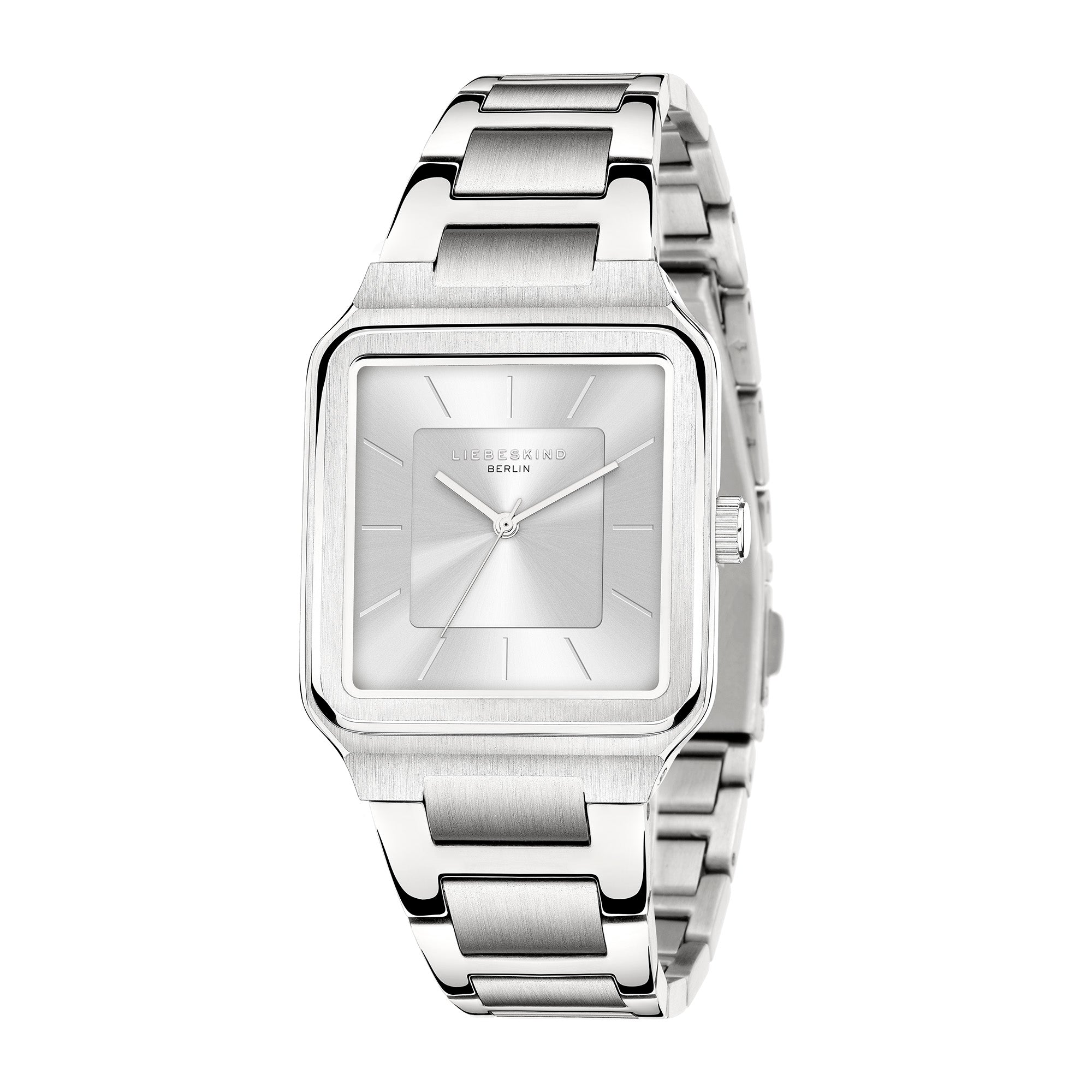 A LIEBESKIND BERLIN Armbanduhr – The Square Minimalist is shown at an angle, featuring a silver Edelstahlgehäuse, square face, minimalist design, and silver hour markers.