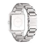 A silver stainless steel LIEBESKIND BERLIN Armbanduhr – The Square Minimalist features a square Edelstahlgehäuse, shown from the back with the brand name and product details on the backplate. The partially open metal link band reveals the clasp.