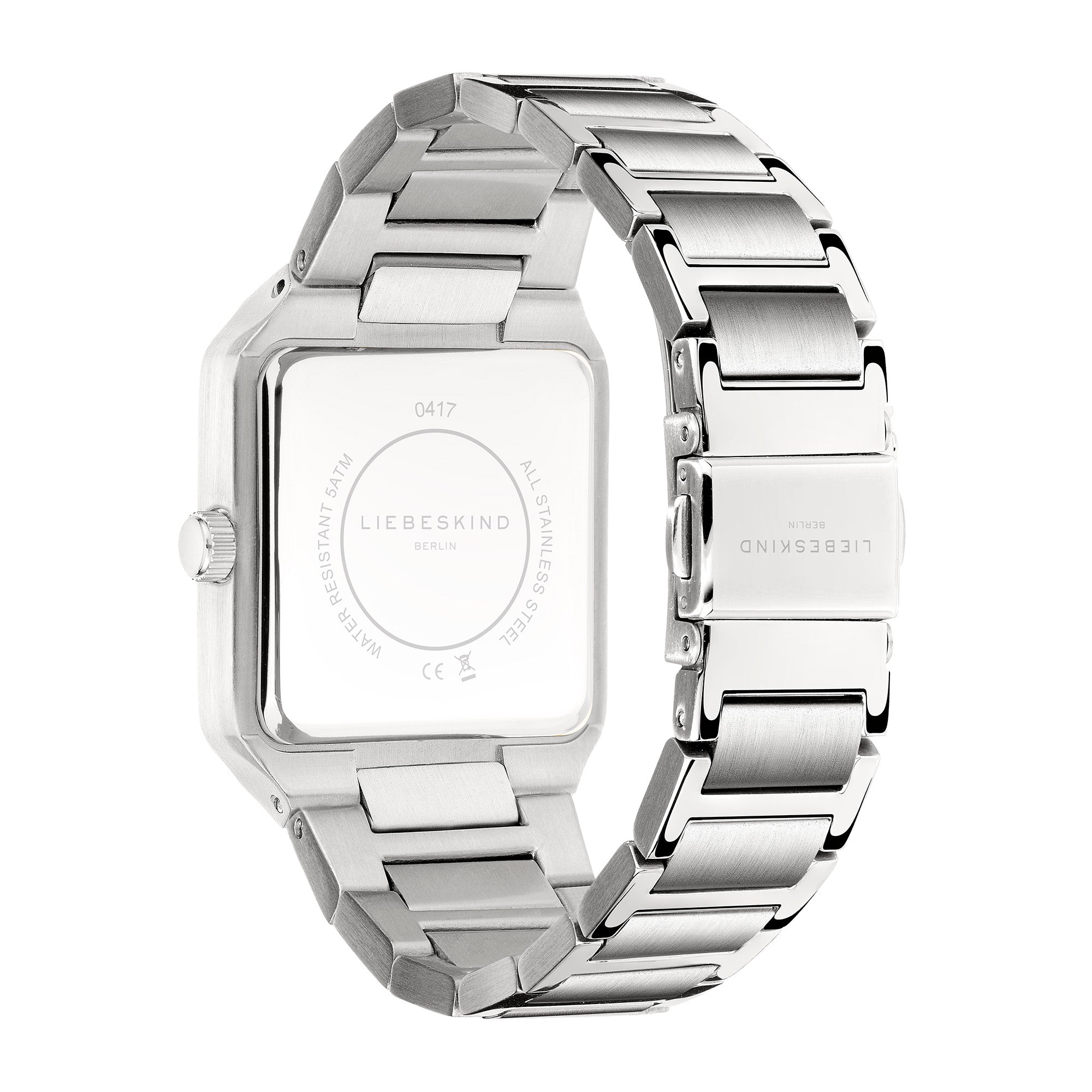 A silver stainless steel LIEBESKIND BERLIN Armbanduhr – The Square Minimalist features a square Edelstahlgehäuse, shown from the back with the brand name and product details on the backplate. The partially open metal link band reveals the clasp.