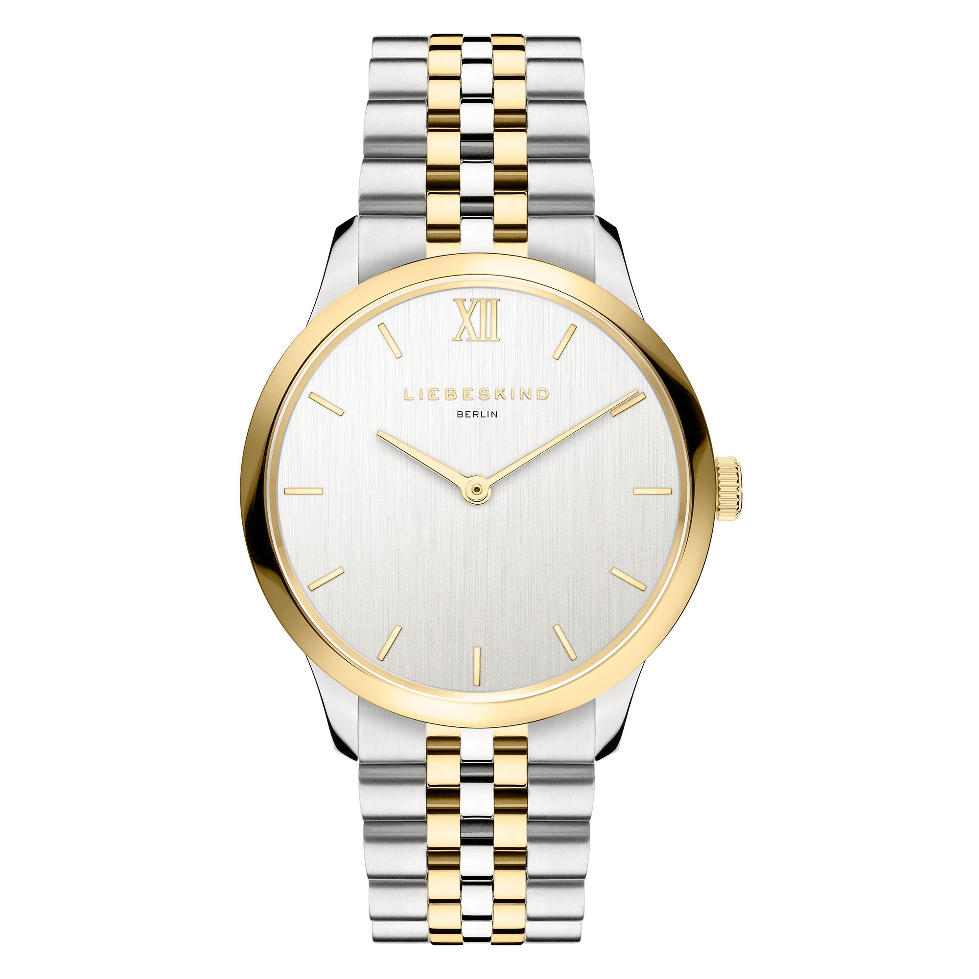 LIEBESKIND BERLIN Armbanduhr - Die Edle: Eine elegante Damenuhr mit rundem Zifferblatt, 12 Markern und einem stilvollen silber-goldenen Edelstahl-Armband von Liebeskind Berlin.
