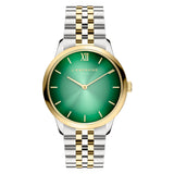 Die LIEBESKIND BERLIN Armbanduhr - The Classy von Liebeskind Berlin hat ein silbernes und goldenes Design, ein grünes Zifferblatt, goldene Indexe und ein robustes Edelstahlgehäuse, das die Zeit um 10:09 Uhr anzeigt.