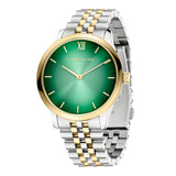Die LIEBESKIND BERLIN Armbanduhr - The Classy von Liebeskind Berlin hat ein grünes Zifferblatt, goldene römische Ziffern und ein stilvolles Edelstahlgehäuse in Silber- und Goldtönen.