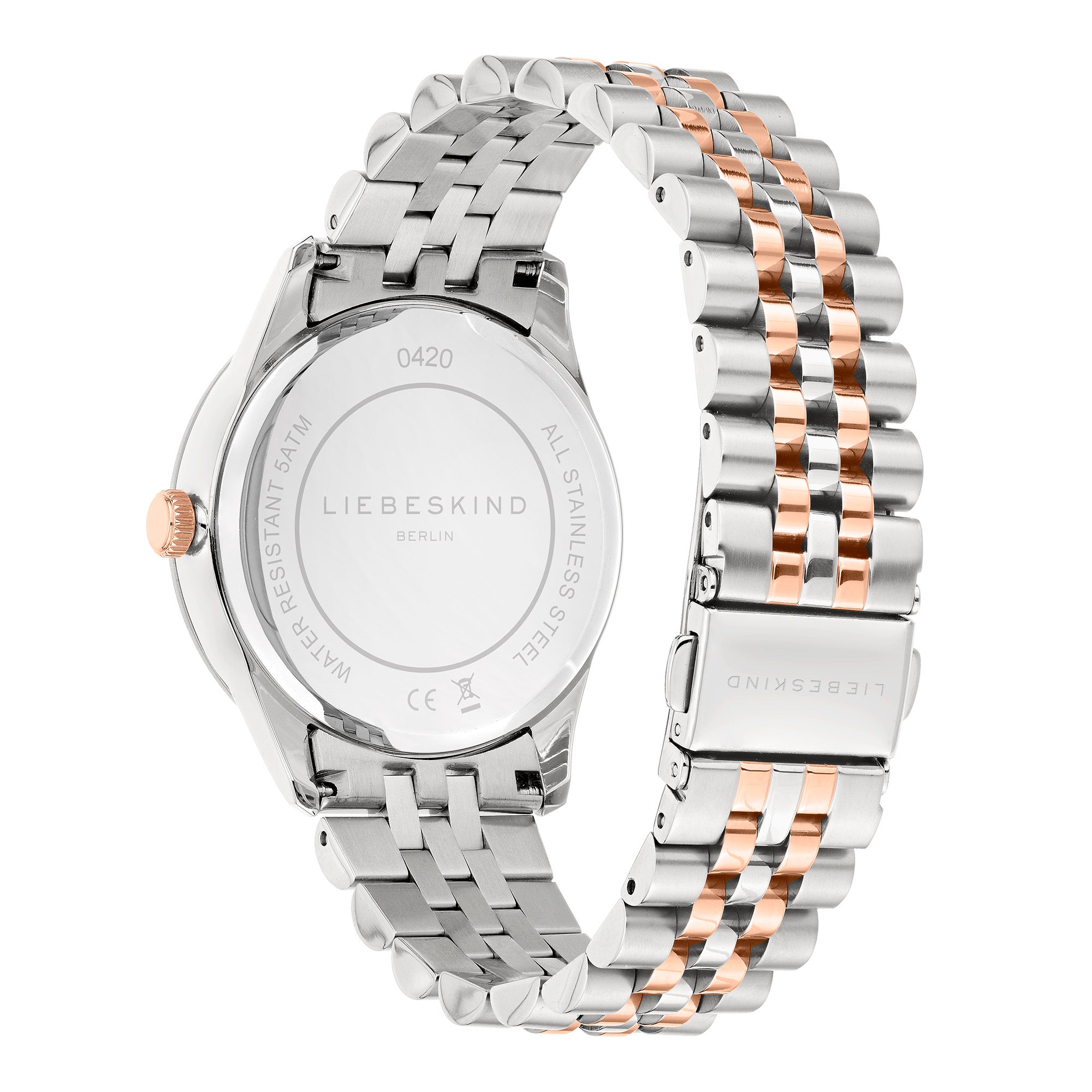Rückansicht der LIEBESKIND BERLIN Armbanduhr - The Classy in Silber und Roségold, mit Quarzwerk, Metallgliederband und elegantem Edelstahlgehäuse von Liebeskind Berlin.