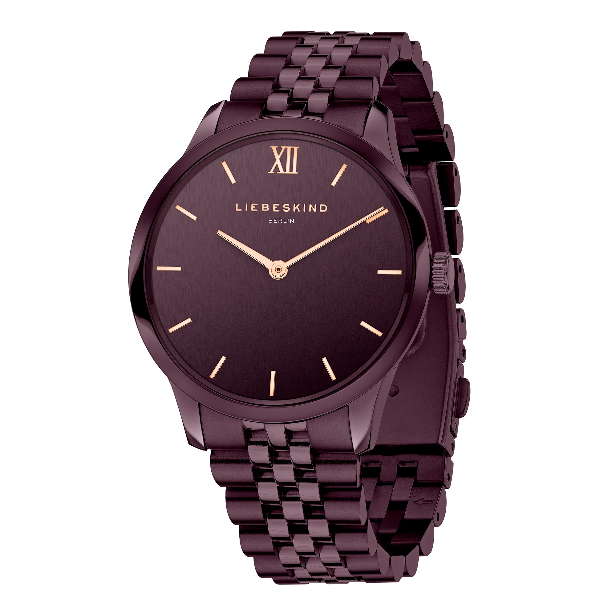Die LIEBESKIND BERLIN Armbanduhr - The Classy ist eine kastanienbraune Metallarmbanduhr mit einem schlichten Zifferblatt, goldenen Zeigern, einem Edelstahlgehäuse und dem Liebeskind Berlin Branding.
