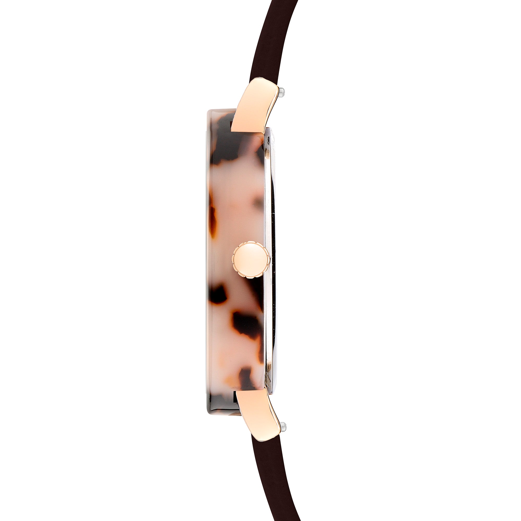 Seitenansicht der LIEBESKIND BERLIN Armbanduhr - The Classy Acetat, mit schildpattfarbenem Gehäuse und dunkelbraunem Lederarmband von Liebeskind Berlin.