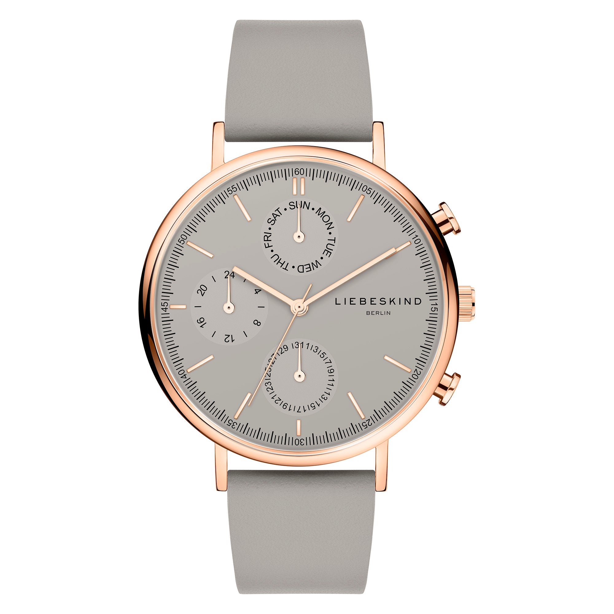 Die LIEBESKIND BERLIN Armbanduhr - The Multi-Function von Liebeskind Berlin verfügt über ein Datums- und Wochentagszifferblatt, ein roségoldenes Gehäuse und ein graues Lederarmband.