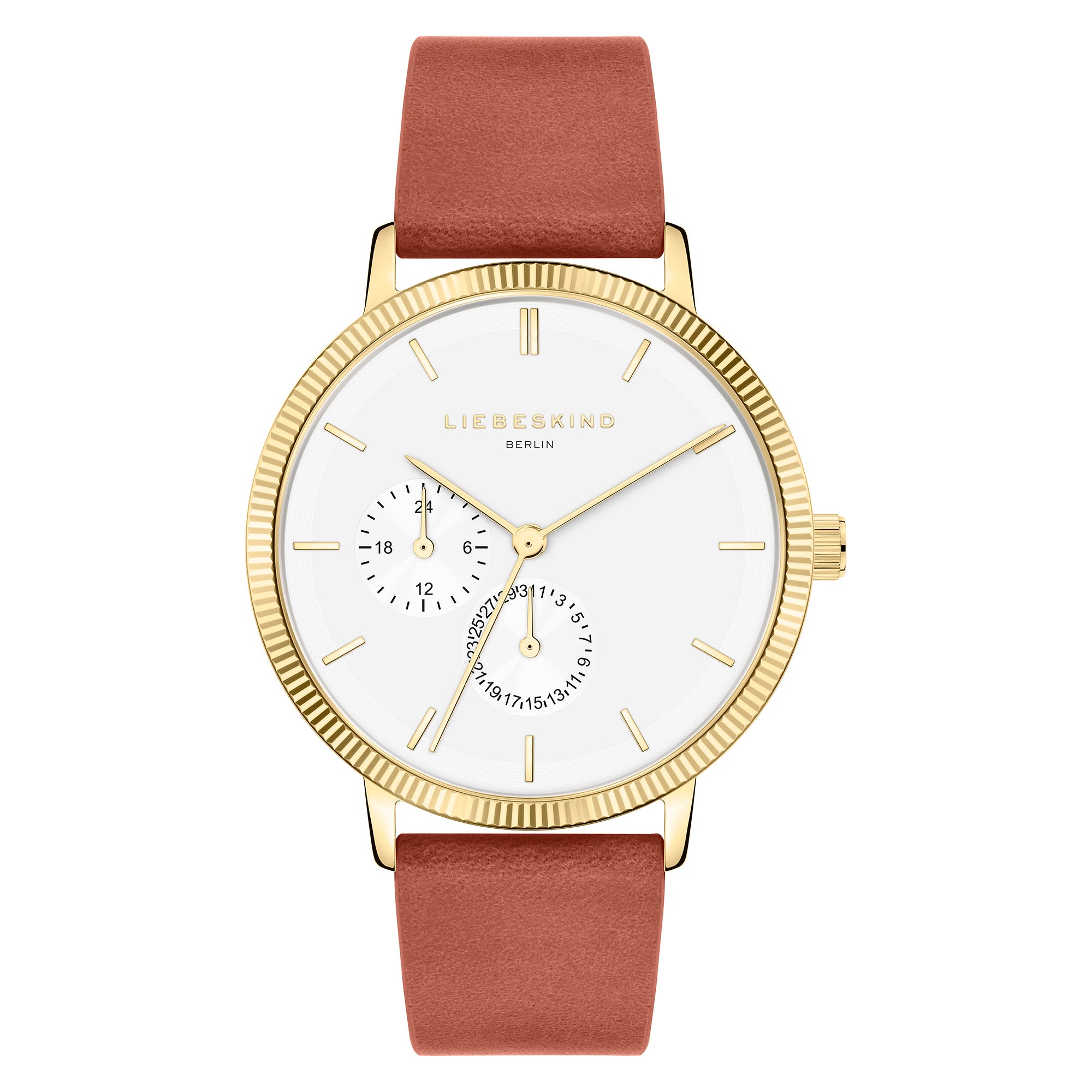 Die Liebeskind Berlin Armbanduhr "The Multi-Function" überzeugt mit goldfarbenem Design, weißem Zifferblatt, praktischen Subdials und braunem Lederarmband. Hochwertiges Edelstahlgehäuse verleiht einen zeitlosen Look.
