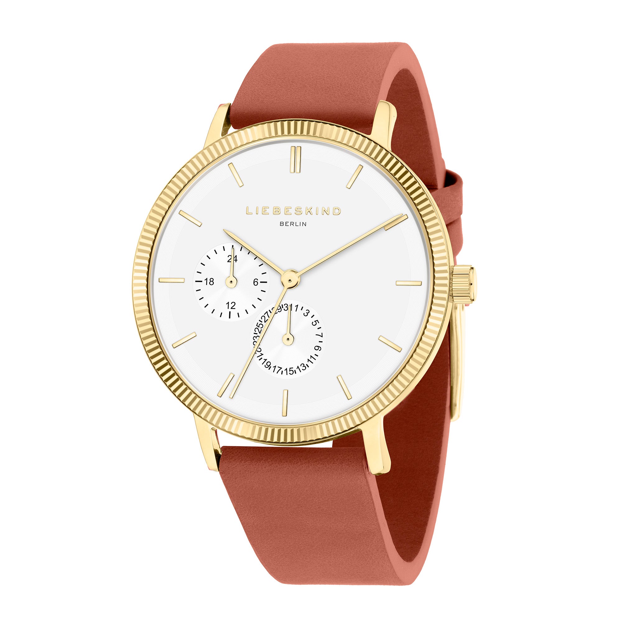 Die LIEBESKIND BERLIN Armbanduhr - The Multi-Function von Liebeskind Berlin verfügt über ein goldenes Edelstahlgehäuse, ein weißes Zifferblatt, ein braunes Armband und Hilfszifferblätter für Sekunden und Datum - gefertigt aus Edelstahl für zeitlosen Stil.