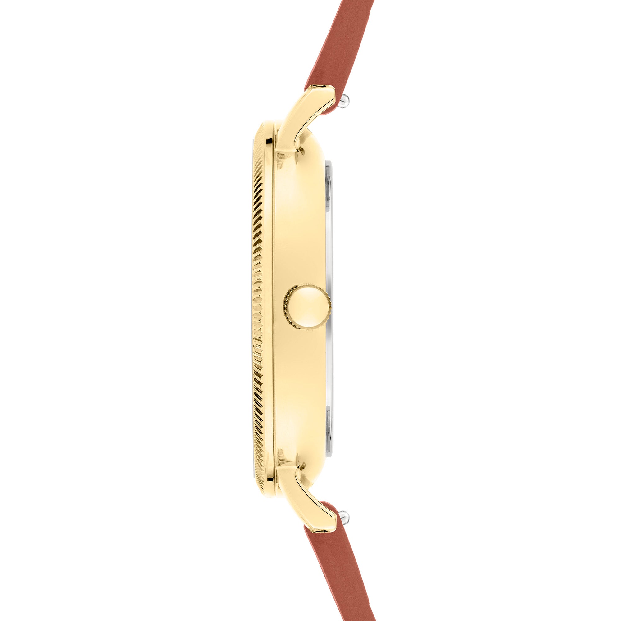 Seitenansicht der LIEBESKIND BERLIN Armbanduhr - The Multi-Function von Liebeskind Berlin, mit goldfarbenem Edelstahlgehäuse, braunem Lederband und Krone auf der rechten Seite.