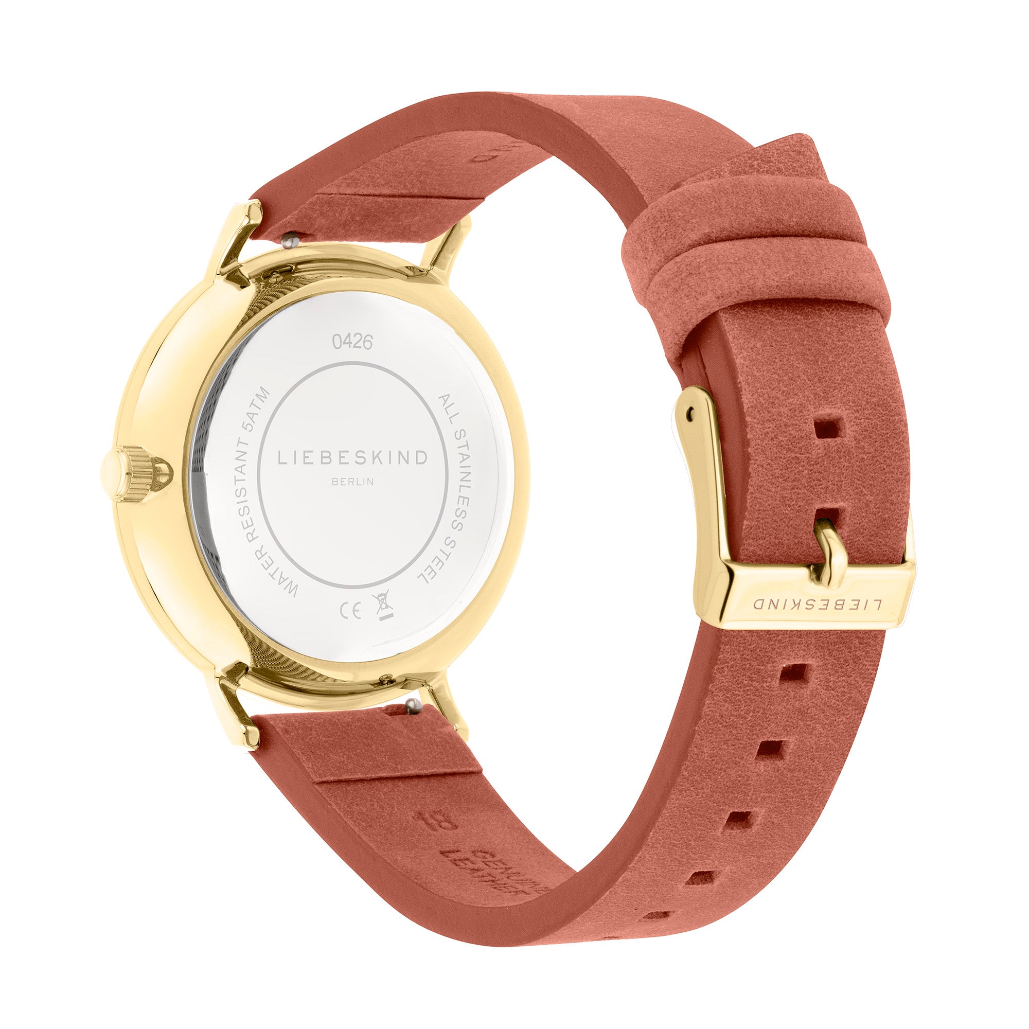 Rückansicht der LIEBESKIND BERLIN Armbanduhr - The Multi-Function mit goldenem Gehäuse, rosafarbenem Lederband und Liebeskind Berlin Branding auf der Schließe.