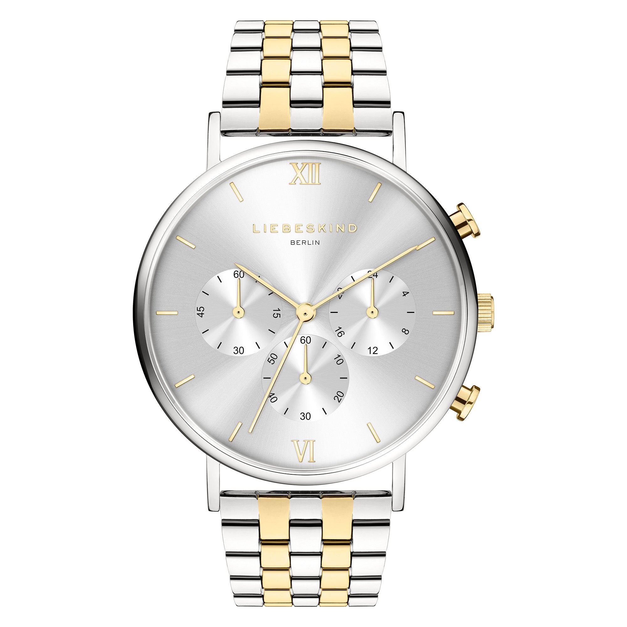 Die LIEBESKIND BERLIN Armbanduhr - Modern Chronograph besticht durch ihr silbernes und goldenes Design, drei Hilfszifferblätter und ein stylisches Edelstahlarmband von Liebeskind Berlin.