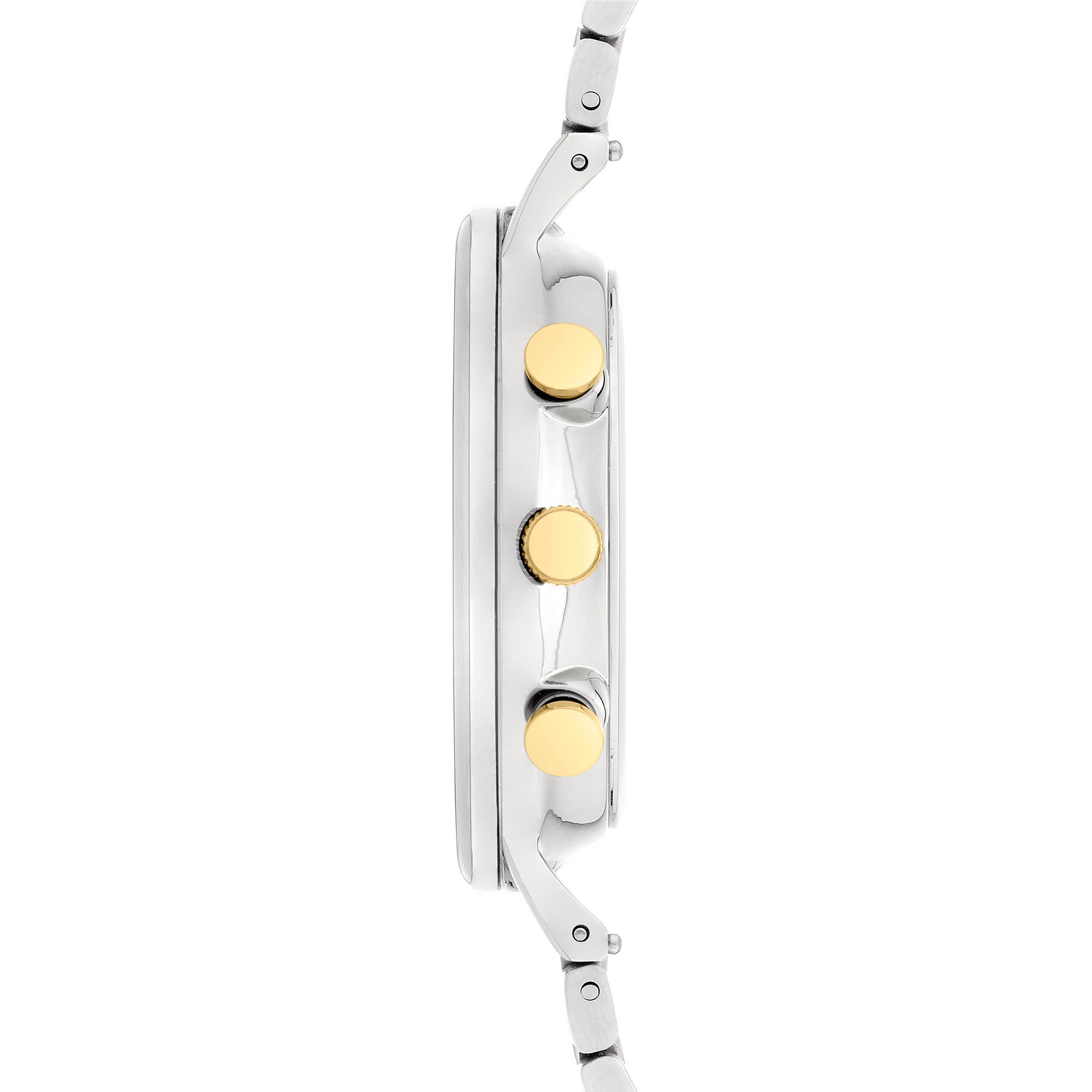 Seitenansicht der LIEBESKIND BERLIN Armbanduhr - Modern Chronograph: eine schlichte silberne Uhr von Liebeskind Berlin mit drei goldenen Knöpfen und einem eleganten Edelstahlarmband.