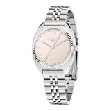 Die LIEBESKIND BERLIN Armbanduhr - The Colorful Classic Must-Have von Liebeskind Berlin hat ein hellbeiges Zifferblatt, ein elegantes Edelstahlarmband und zeigt die Uhrzeit um 10:08 Uhr an.
