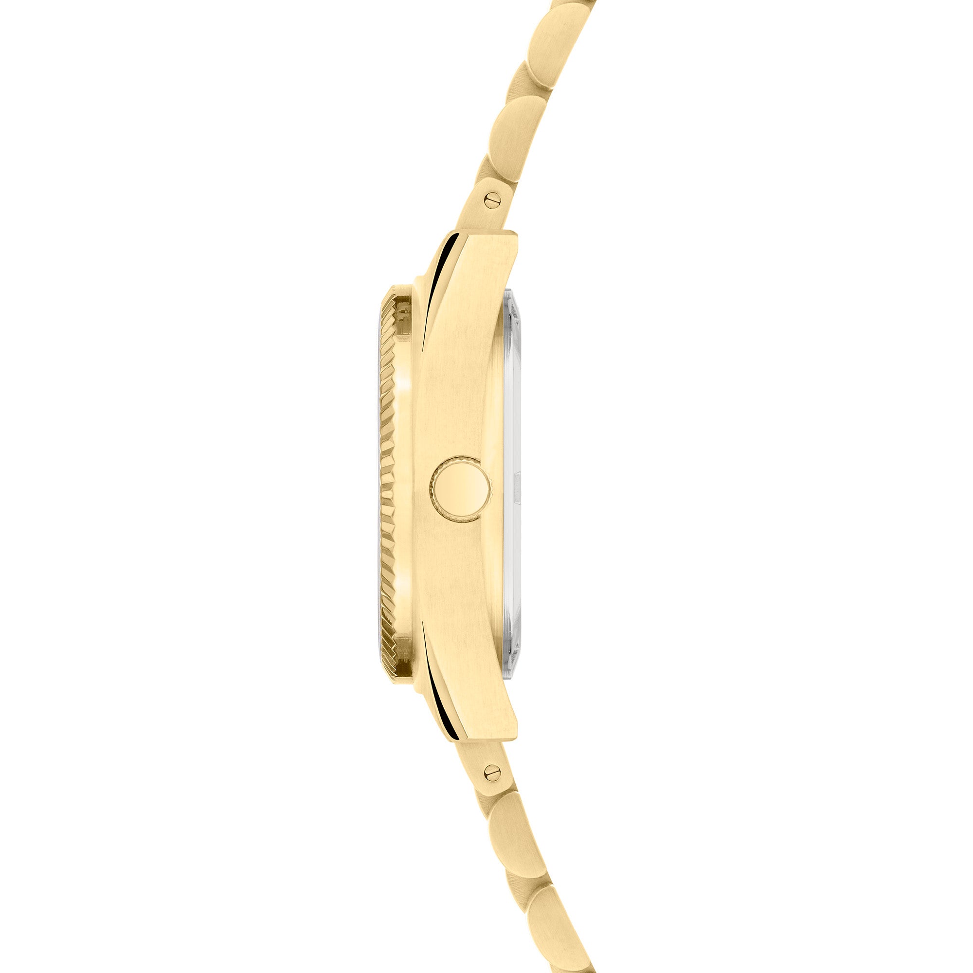 Seitenansicht der LIEBESKIND BERLIN Armbanduhr - The Colorful Classic Must-Have von Liebeskind Berlin, einer goldenen Edelstahluhr mit Metallband und runder Krone, die das schlanke Profil betont.