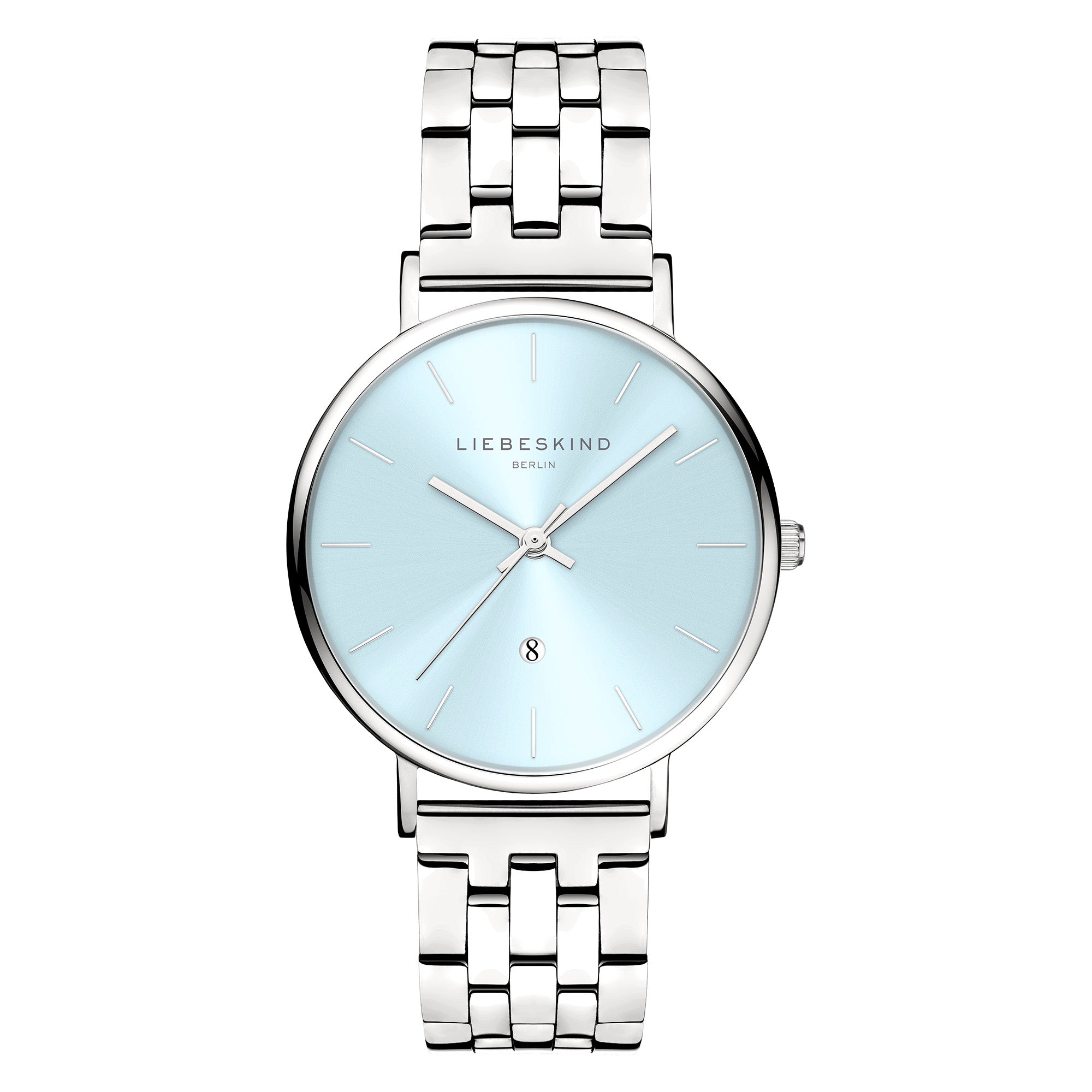 Die LIEBESKIND BERLIN Armbanduhr - The Colorful Must-Have von Liebeskind Berlin hat ein silbernes Gehäuse, ein hellblaues Zifferblatt, ein Quarzwerk und ein schlankes Gliederband aus Edelstahl.