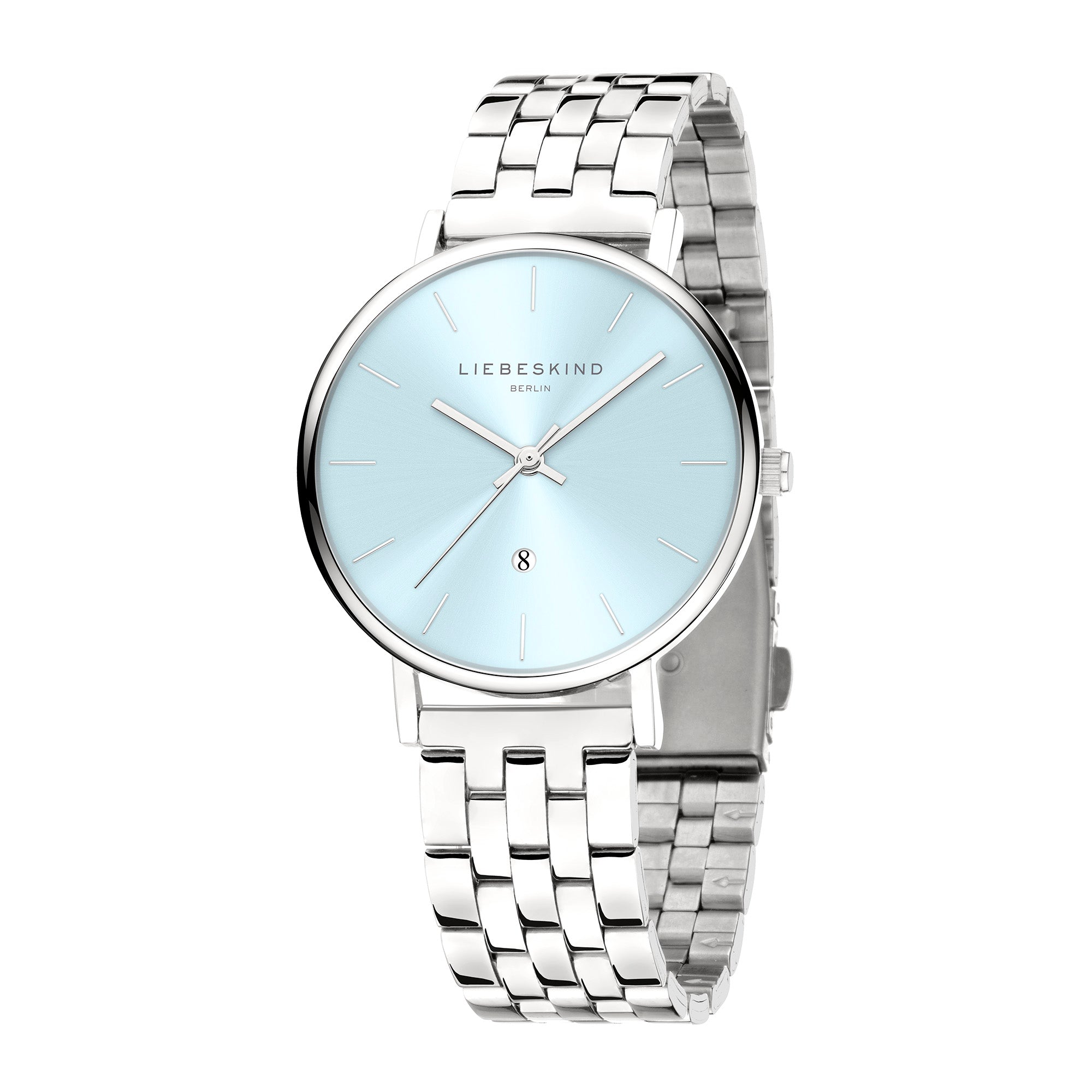 Die LIEBESKIND BERLIN Armbanduhr - The Colorful Must-Have verfügt über ein silbernes Metallarmband, ein Edelstahlgehäuse, ein hellblaues Zifferblatt mit Datumsanzeige und ein zuverlässiges Quarzwerk für Präzision - gestylt mit dem kultigen Liebeskind Berlin Branding.