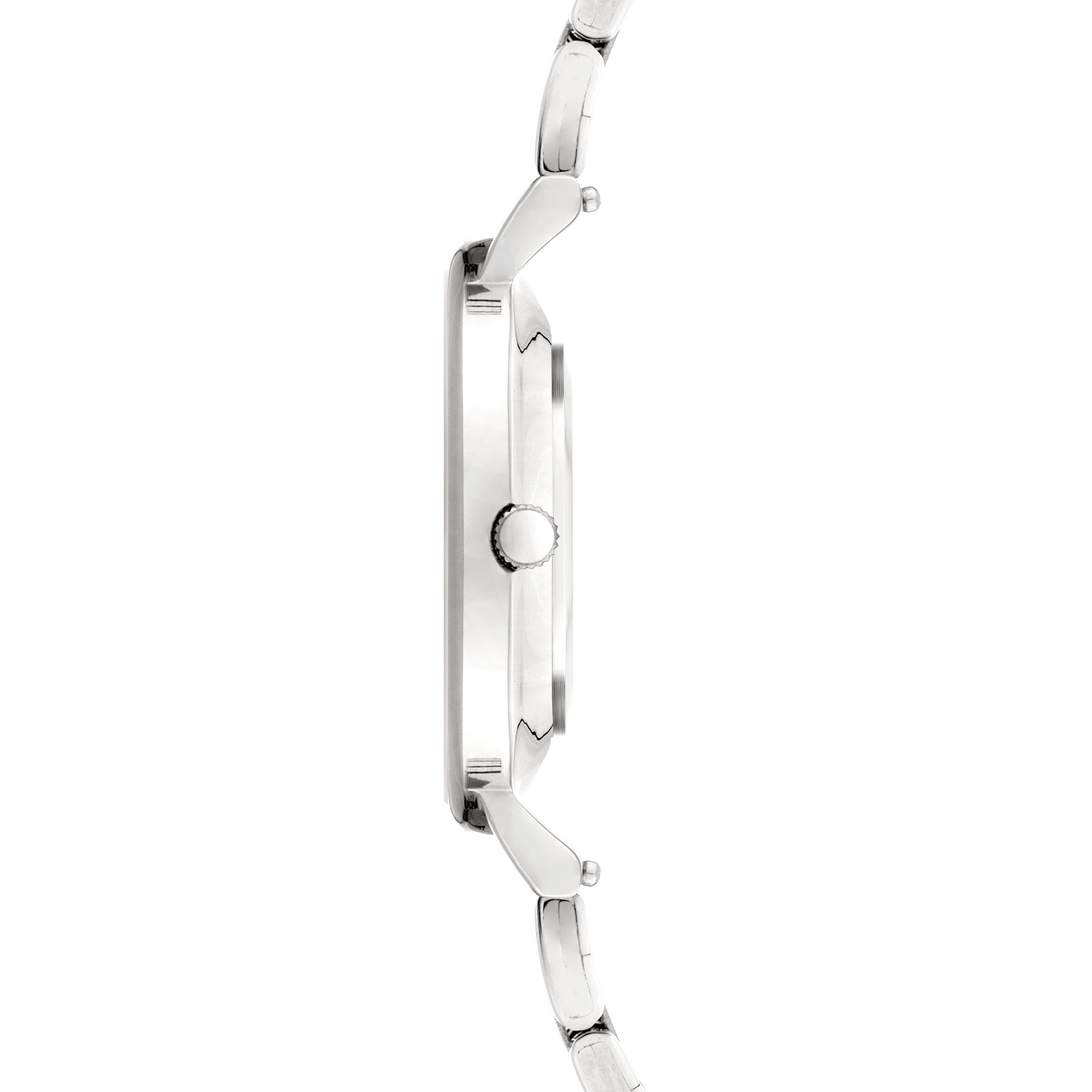 Seitenansicht der schlanken Liebeskind Berlin Armbanduhr - Das farbenfrohe Must-Have mit Edelstahlgehäuse, Metallband, und einer kleinen Krone auf der rechten Seite.