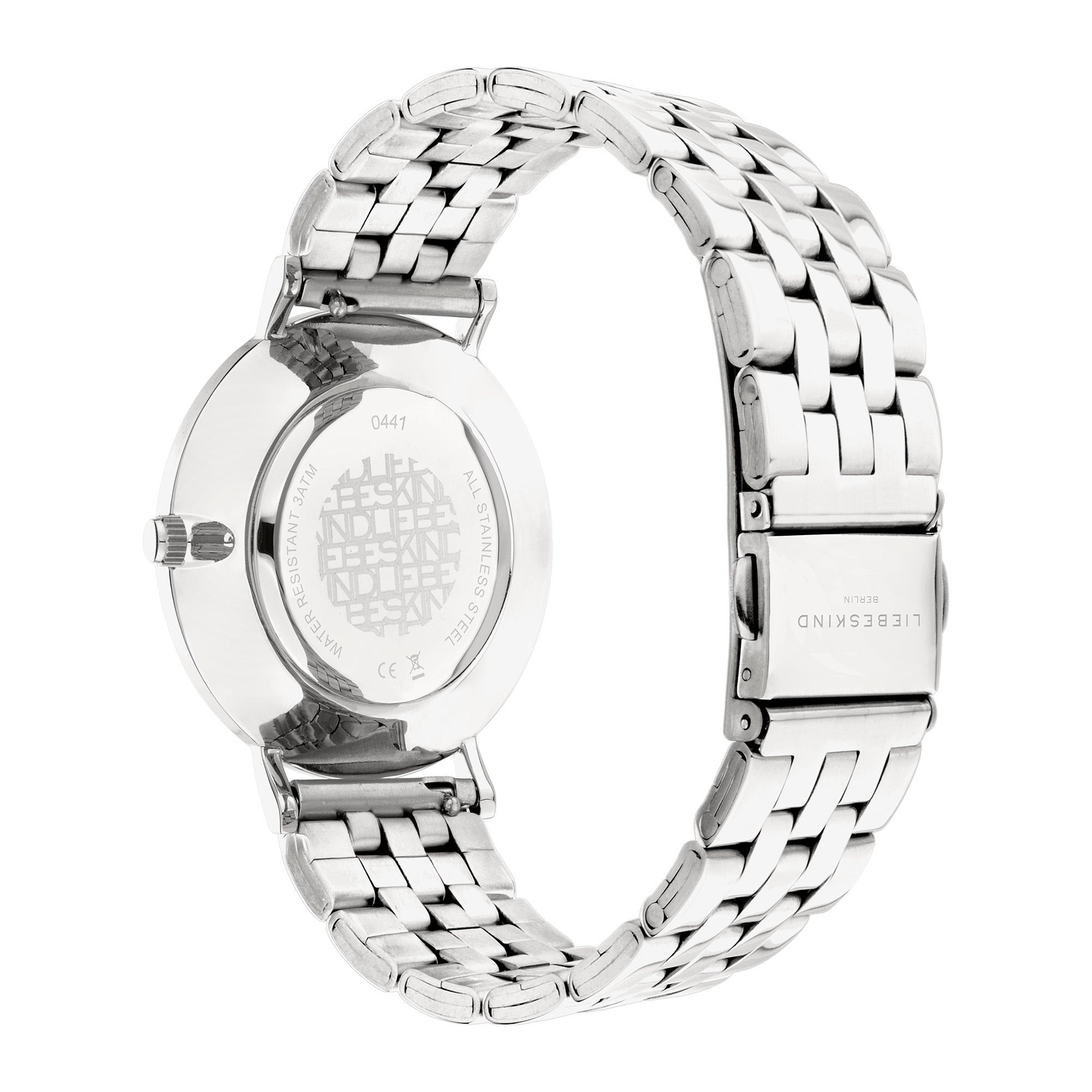 Silberne Metall LIEBESKIND BERLIN Armbanduhr - Das farbenfrohe Must-Have, hier von hinten mit Gliederarmband, Schließe und Edelstahlgehäuse, von Liebeskind Berlin.