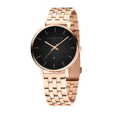 Die LIEBESKIND BERLIN Armbanduhr - The Colorful Must-Have verfügt über ein roségoldenes Gehäuse, ein schwarzes Zifferblatt, minimale Markierungen, ein Quarzwerk, ein Datumsfenster und ein elegantes Edelstahlarmband von Liebeskind Berlin.
