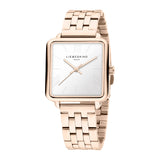 Rechteckige roségoldene LIEBESKIND BERLIN Armbanduhr - The Classic Square mit silbernem Zifferblatt und gekoppeltem Metallband, im skandinavischen Design von Liebeskind Berlin.