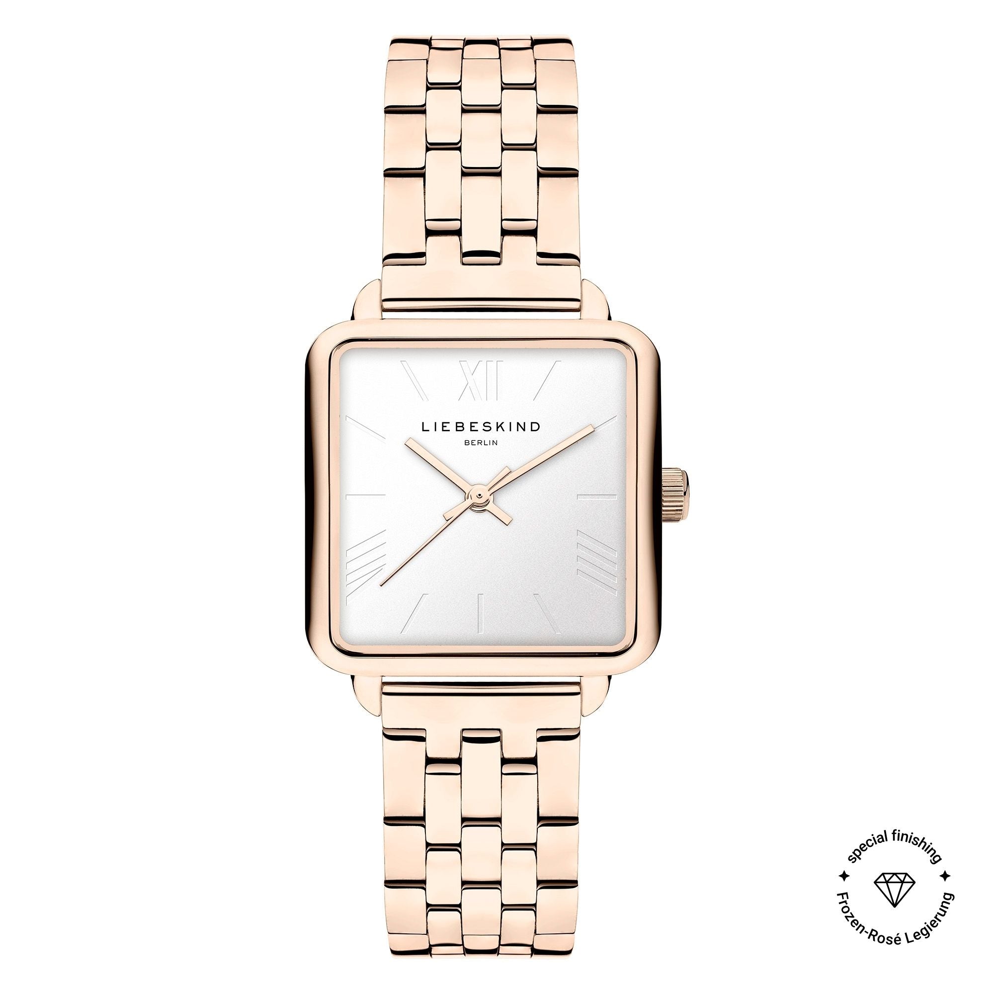 Die LIEBESKIND BERLIN Armbanduhr - The Classic Square besticht mit quadratischem Gehäuse, roségoldenem Metallarmband und Liebeskind Berlin Logo auf dem weißen Zifferblatt - ein Klassiker skandinavischen Designs.