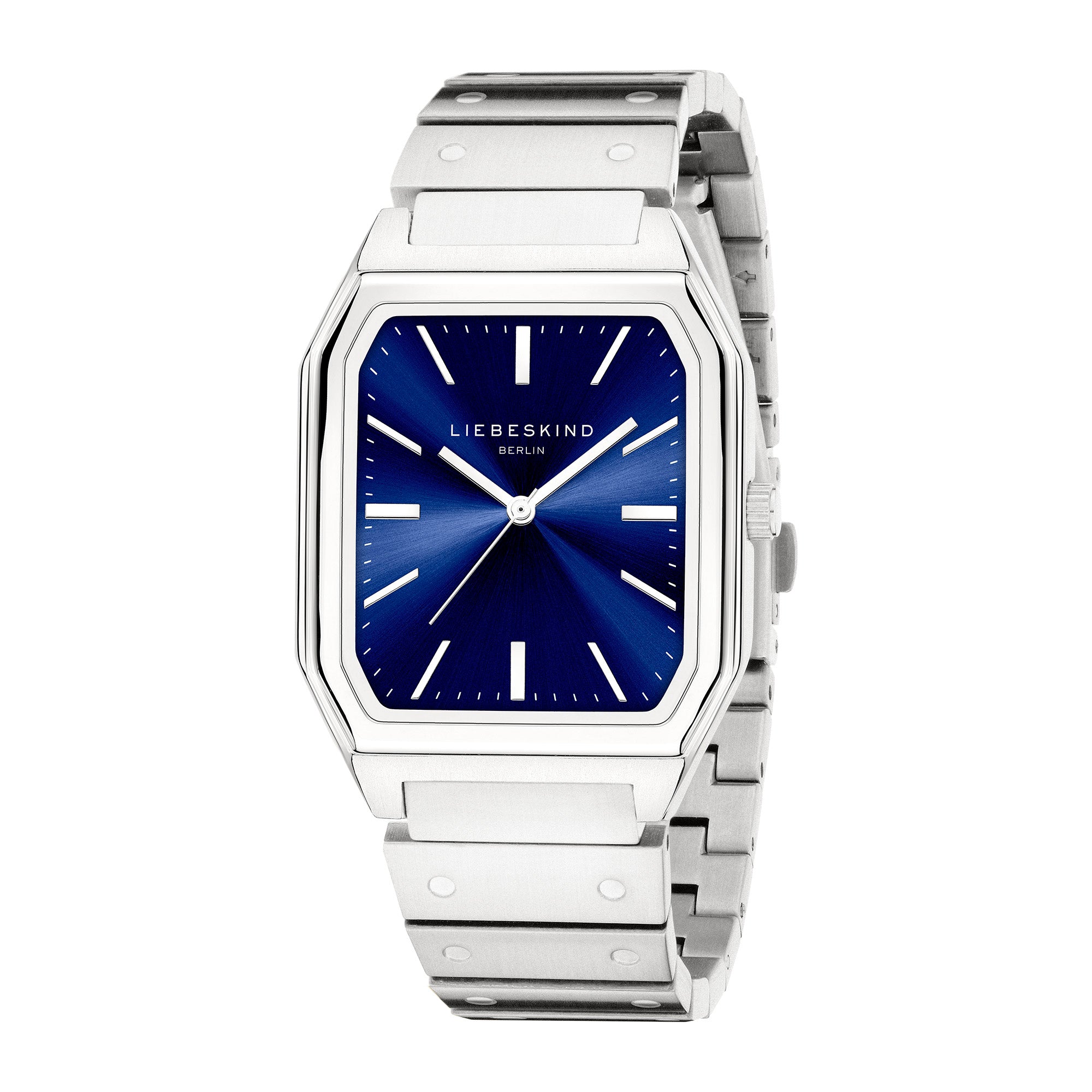 Die LIEBESKIND BERLIN Armbanduhr - The Modern Staple besticht durch ihr silbernes Metalldesign mit rechteckigem, blauem Zifferblatt und silbernen Stundenmarkierungen und verleiht jedem Outfit einen eleganten, edlen Touch.