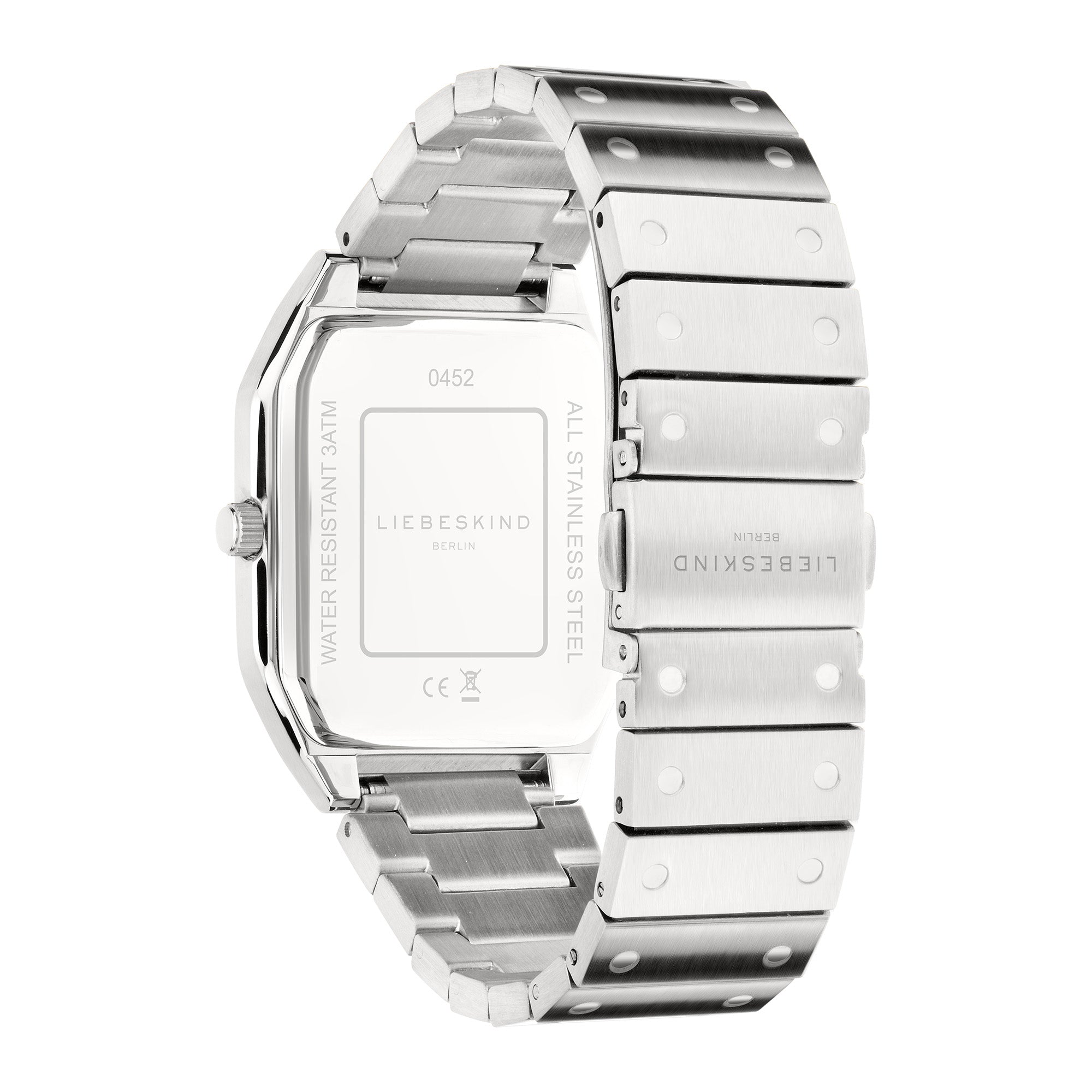 Die LIEBESKIND BERLIN Armbanduhr - The Modern Staple hat ein silbernes Metallband, ein rechteckiges Zifferblatt und eine gravierte Rückseite - eine elegante und stilvolle Damen-Quarzuhr von Liebeskind Berlin.