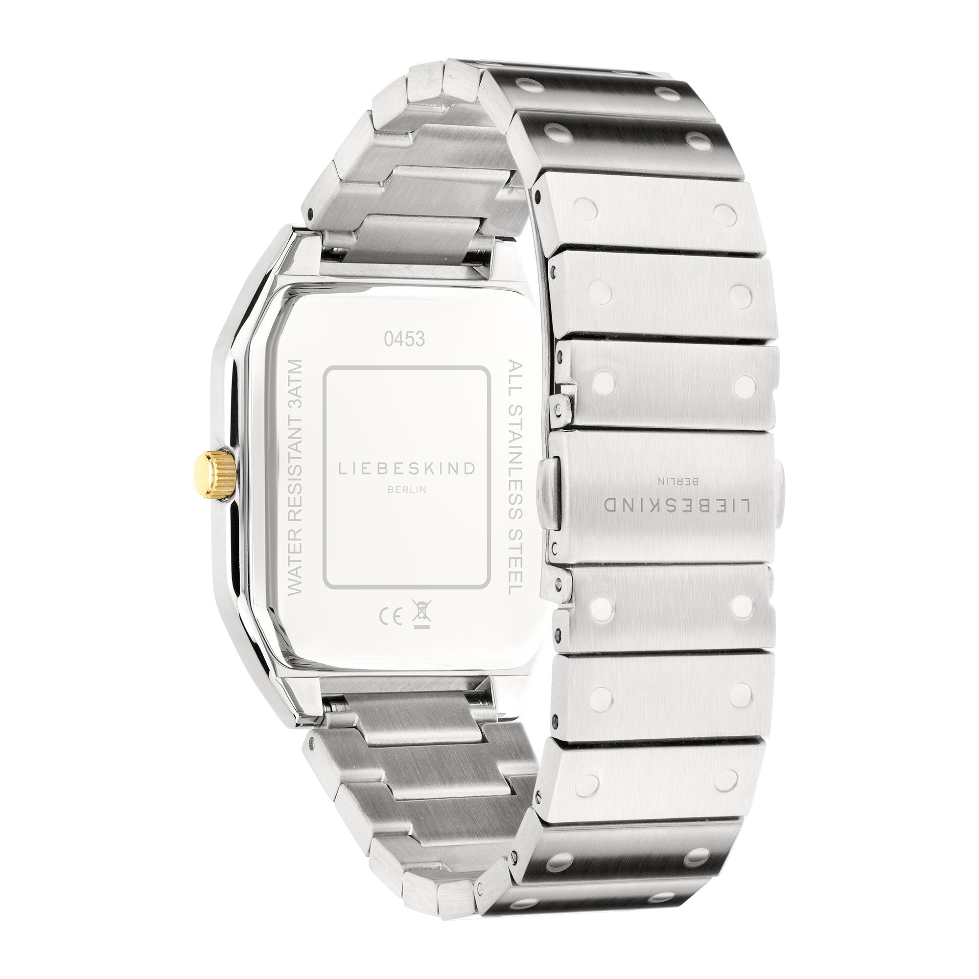 Eine LIEBESKIND BERLIN Armbanduhr - Die Modern Staple Armbanduhr von Liebeskind Berlin wird von der Rückseite gezeigt und hebt die gravierten Edelstahldetails hervor.