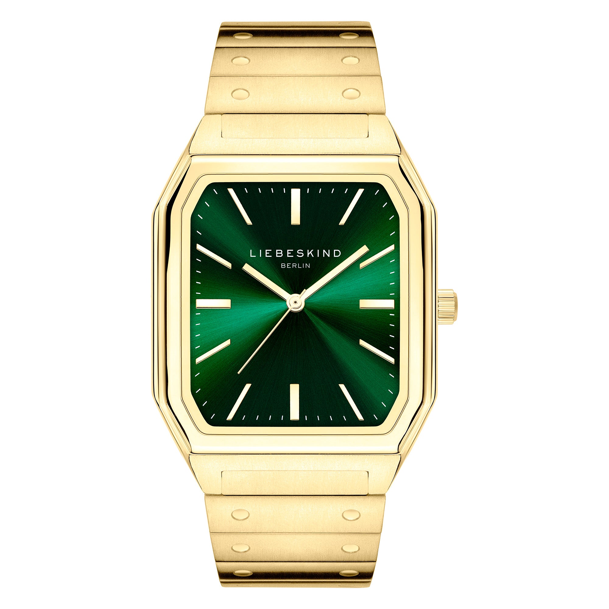 Goldene Damen Armbanduhr von Liebeskind Berlin aus Edelstahl mit rechteckigem Gehäuse, grünem Zifferblatt, Metallarmband und dem Modellnamen "The Modern Staple" auf dem Display.