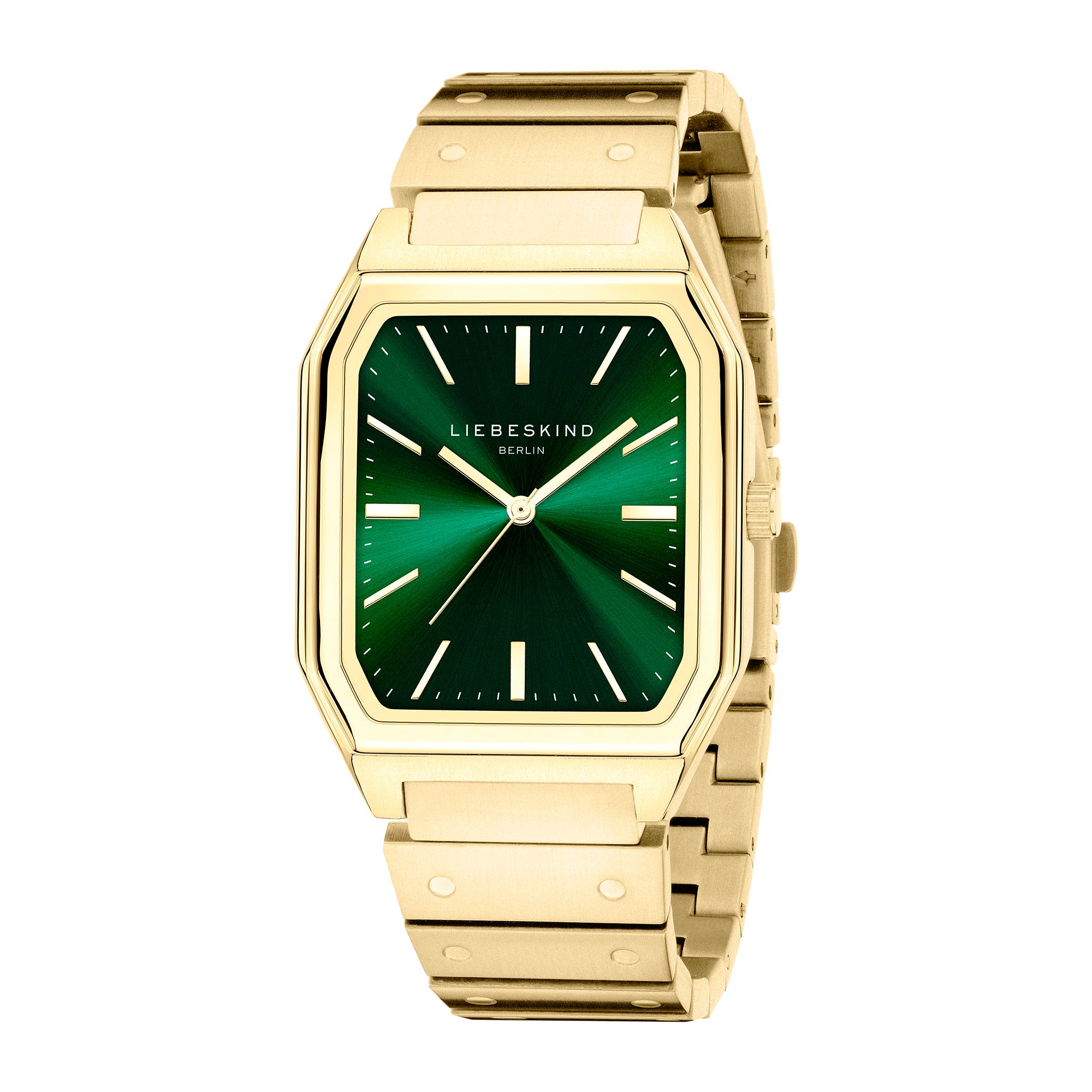 Die LIEBESKIND BERLIN Armbanduhr - The Modern Staple von Liebeskind Berlin hat ein goldenes, rechteckiges Gehäuse, ein grünes Zifferblatt und silberne Indexe für einen modernen, eleganten Look.