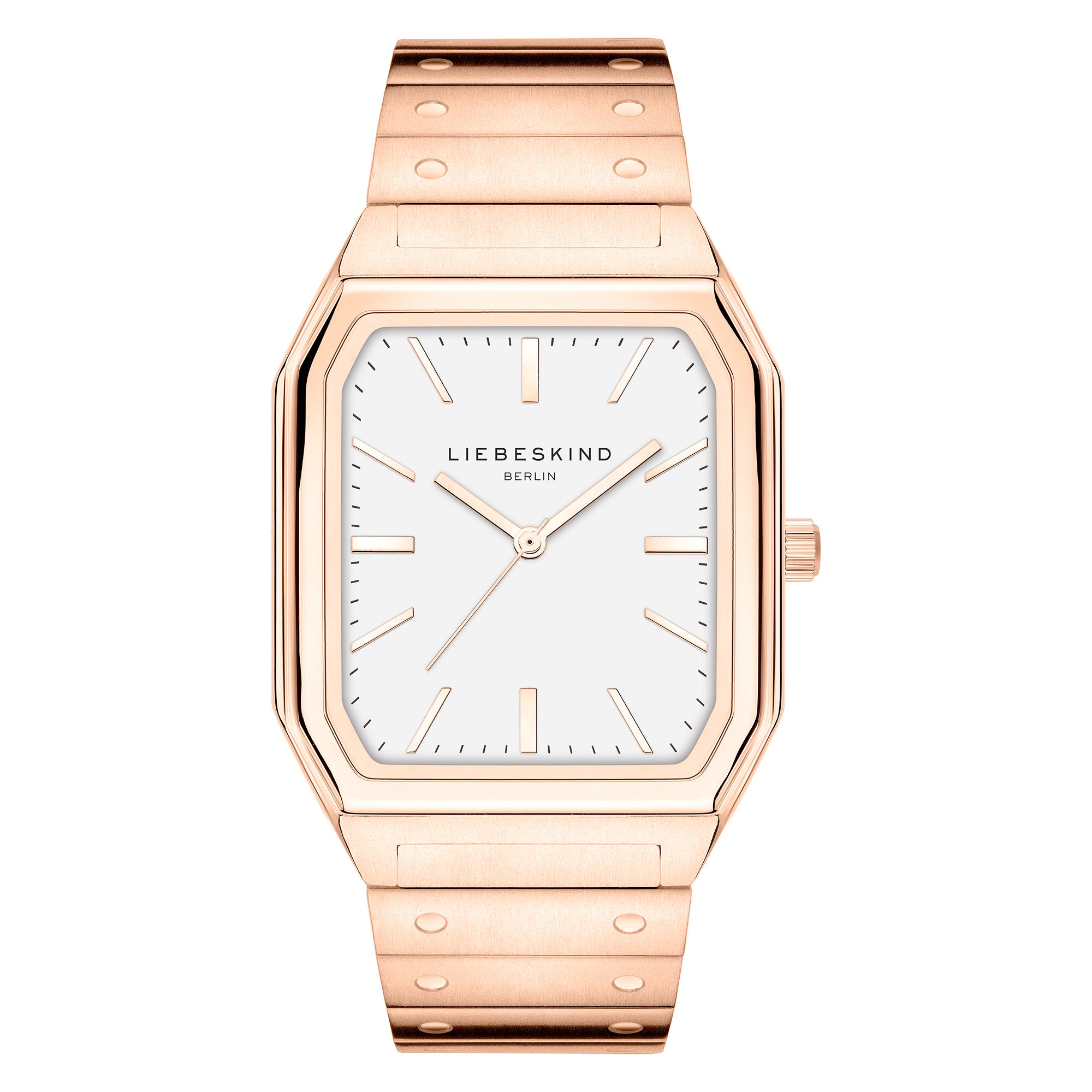 Die LIEBESKIND BERLIN Armbanduhr - The Modern Staple überzeugt mit rechteckigem Gehäuse in Roségold, weißem Zifferblatt und minimalistischen Markierungen - ein elegantes Accessoire von Liebeskind Berlin.