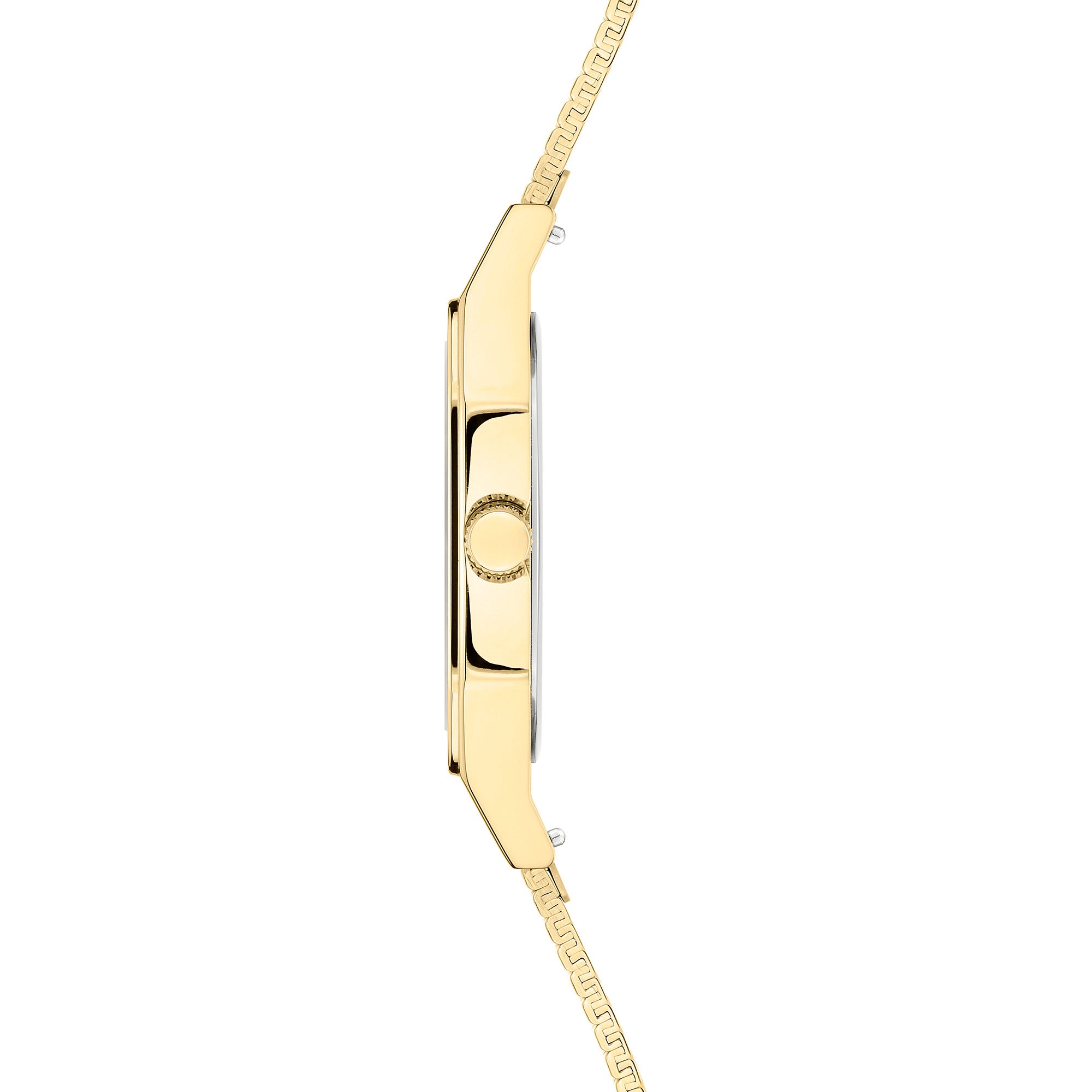 Seitenansicht der Liebeskind Berlin Armbanduhr - Vintage Classic mit schlankem Goldgehäuse und gemustertem Edelstahl-Meshband, das zeitlose Eleganz im Retrostil zeigt.