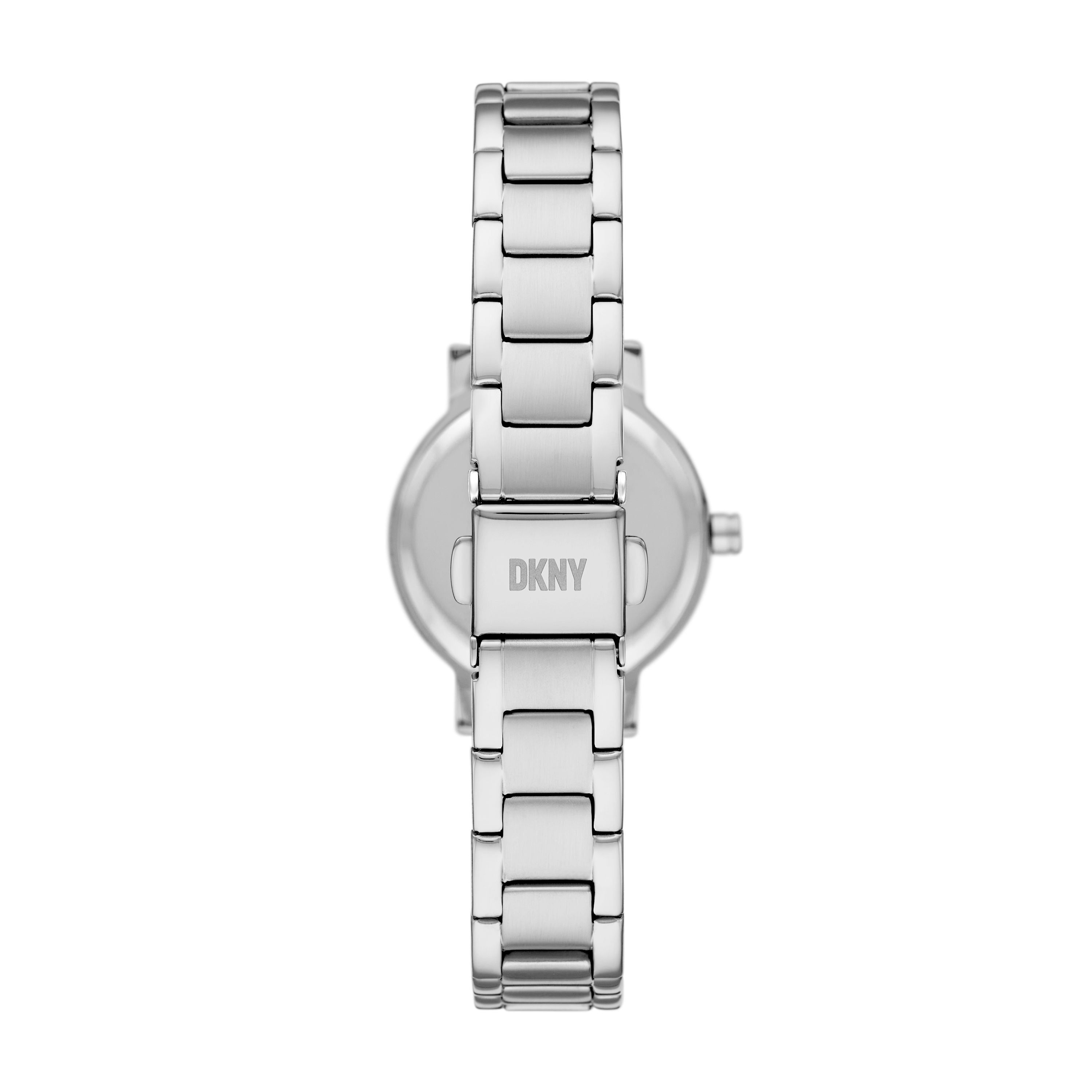 Silberne DKNY Damen Armbanduhr - The Colorful Gradient - mit Metallgliederband, Rückansicht mit Fokus auf Verschluss und DKNY Logo.