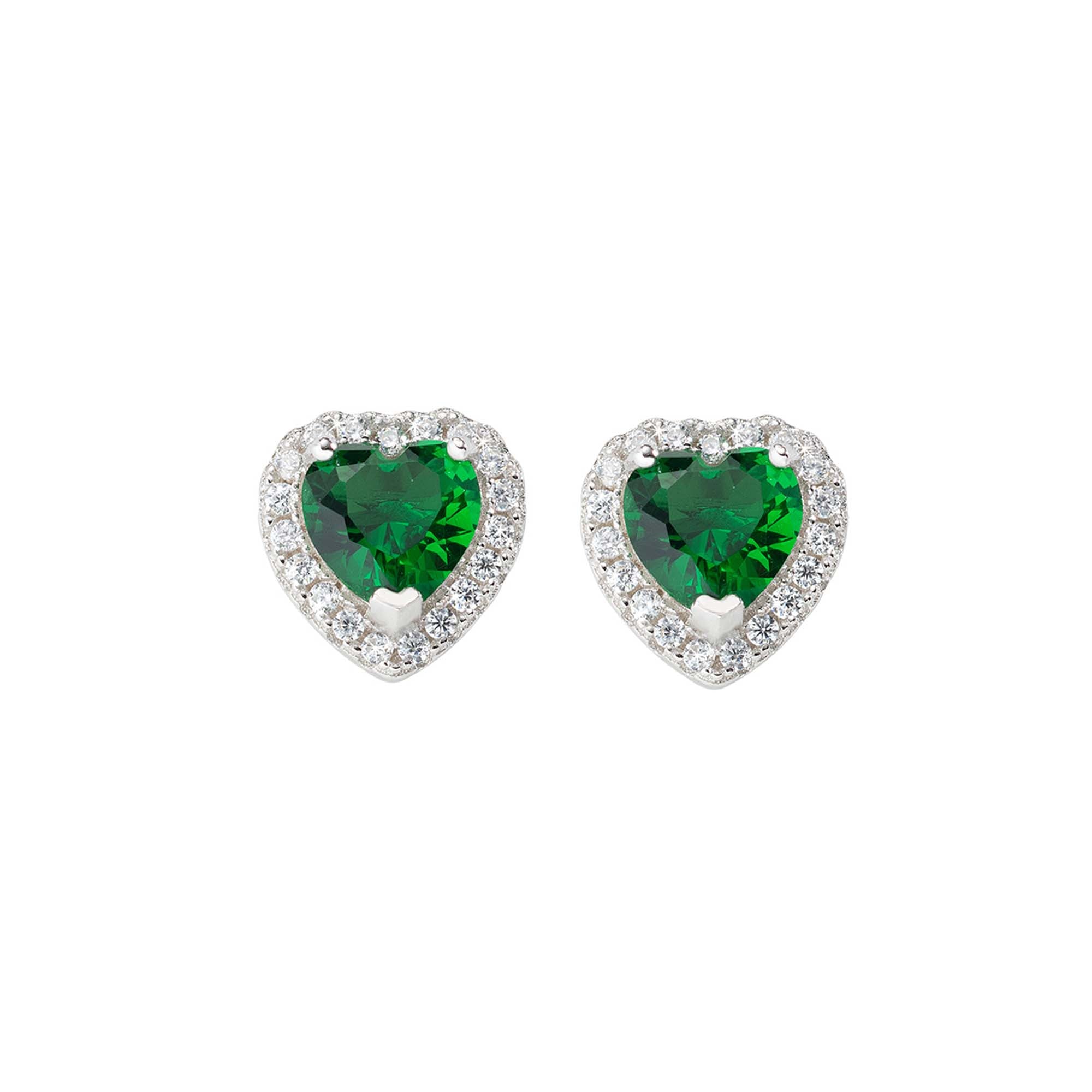 Amen Ohrringe - Das Grüne Herz von Amen: Stilvolle 925er Sterlingsilber-Ohrringe mit herzförmigen grünen Steinen und glitzerndem Halo, elegant in Silber gefasst vor weißem Hintergrund.