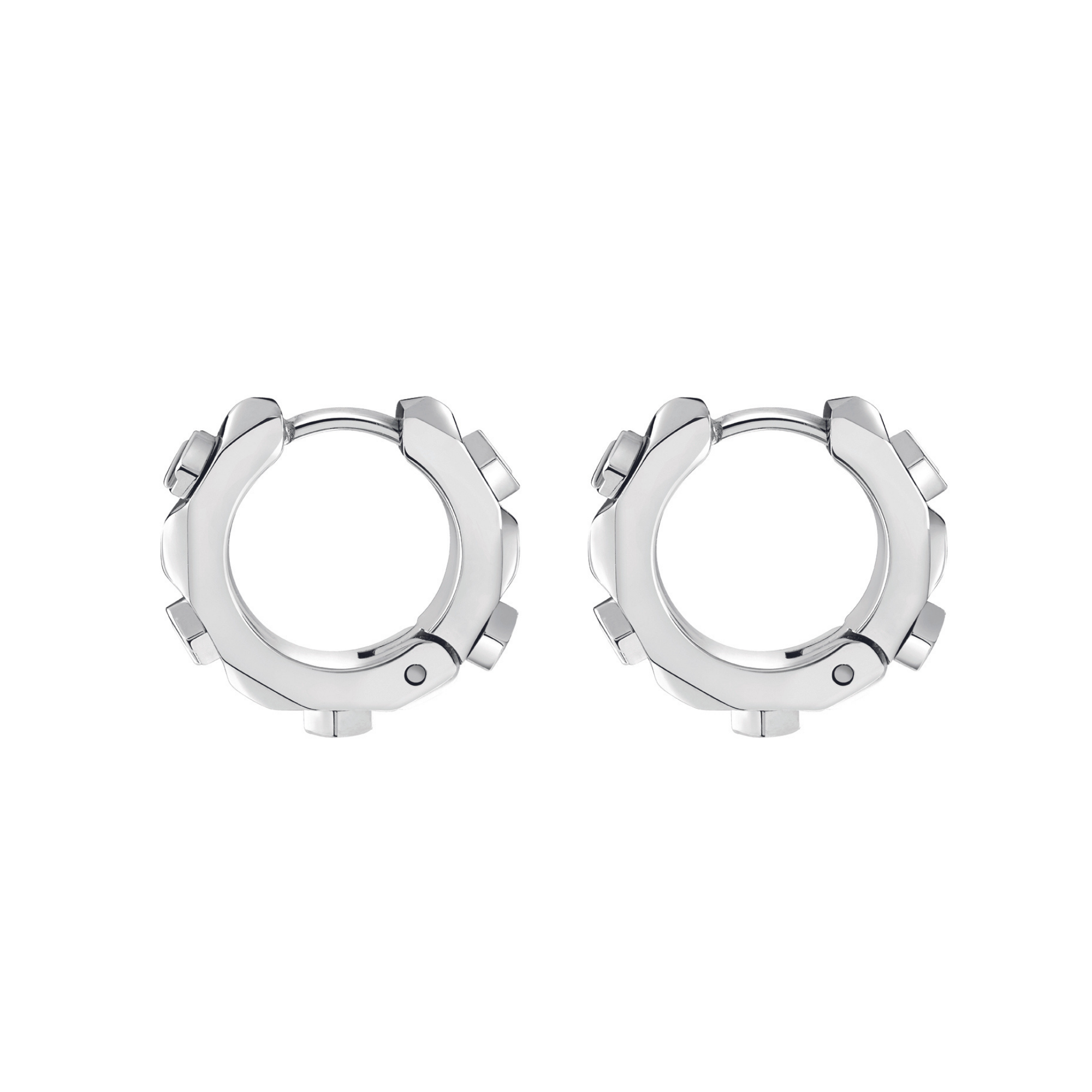 Philipp Plein Ohrringe - PLEIN CUFF: Silberne Ohrringe mit zahnradähnlichen Details von Philipp Plein auf weißem Hintergrund - ein auffälliges Accessoire, das jeden Look aufwertet.