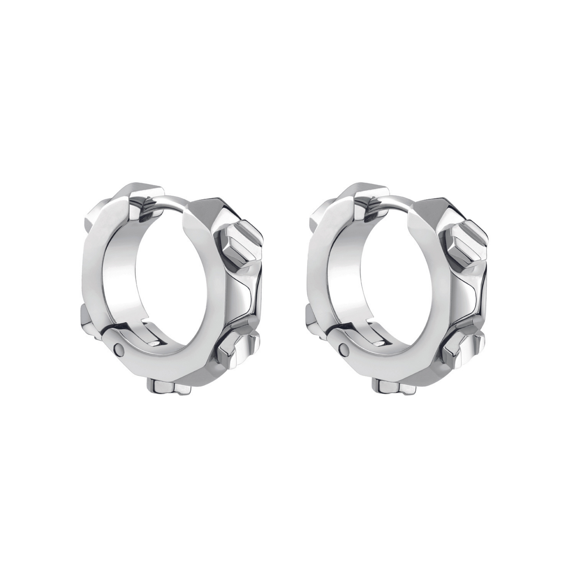 Philipp Plein Ohrringe - PLEIN CUFF: Die klobigen silbernen Ohrringe mit kantigen geometrischen Details von Philipp Plein sind das ultimative Accessoire, das jedes Outfit aufwertet. Abgebildet auf einem weißen Hintergrund.