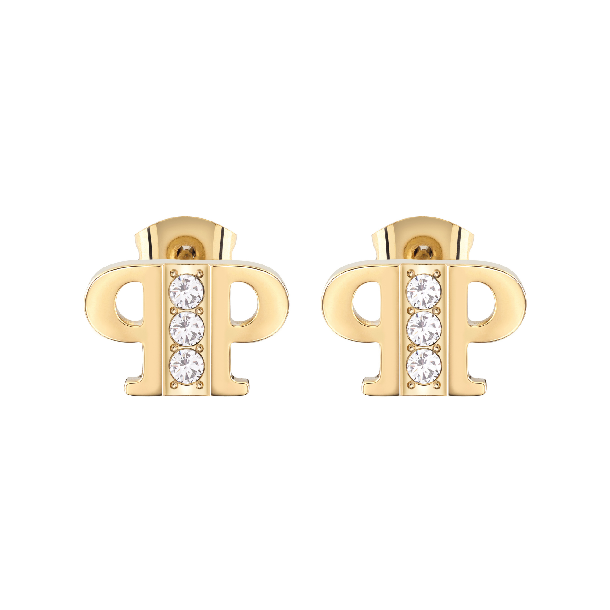 Philipp Plein Ohrringe - ELEMENTS: Goldene Ohrstecker in der charakteristischen Doppel-P-Form, die jeweils mit drei runden, klaren Edelsteinen besetzt sind - ein eleganter Damenschmuck, der von den ikonischen Designelementen von Philipp Plein inspiriert ist.