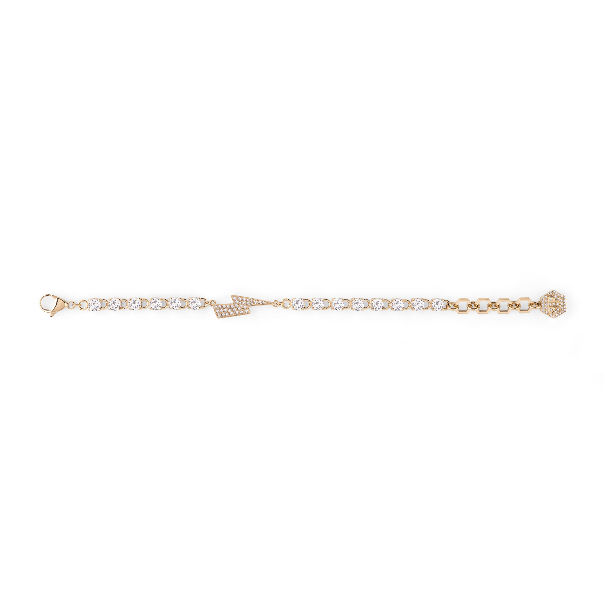 Philipp Plein Armband - PLEIN VANITY: Goldfarbenes Armband mit runden, klaren Steinen und pfeilförmigem Design, das die charakteristischen Elemente von Philipp Plein auf weißem Grund zeigt.