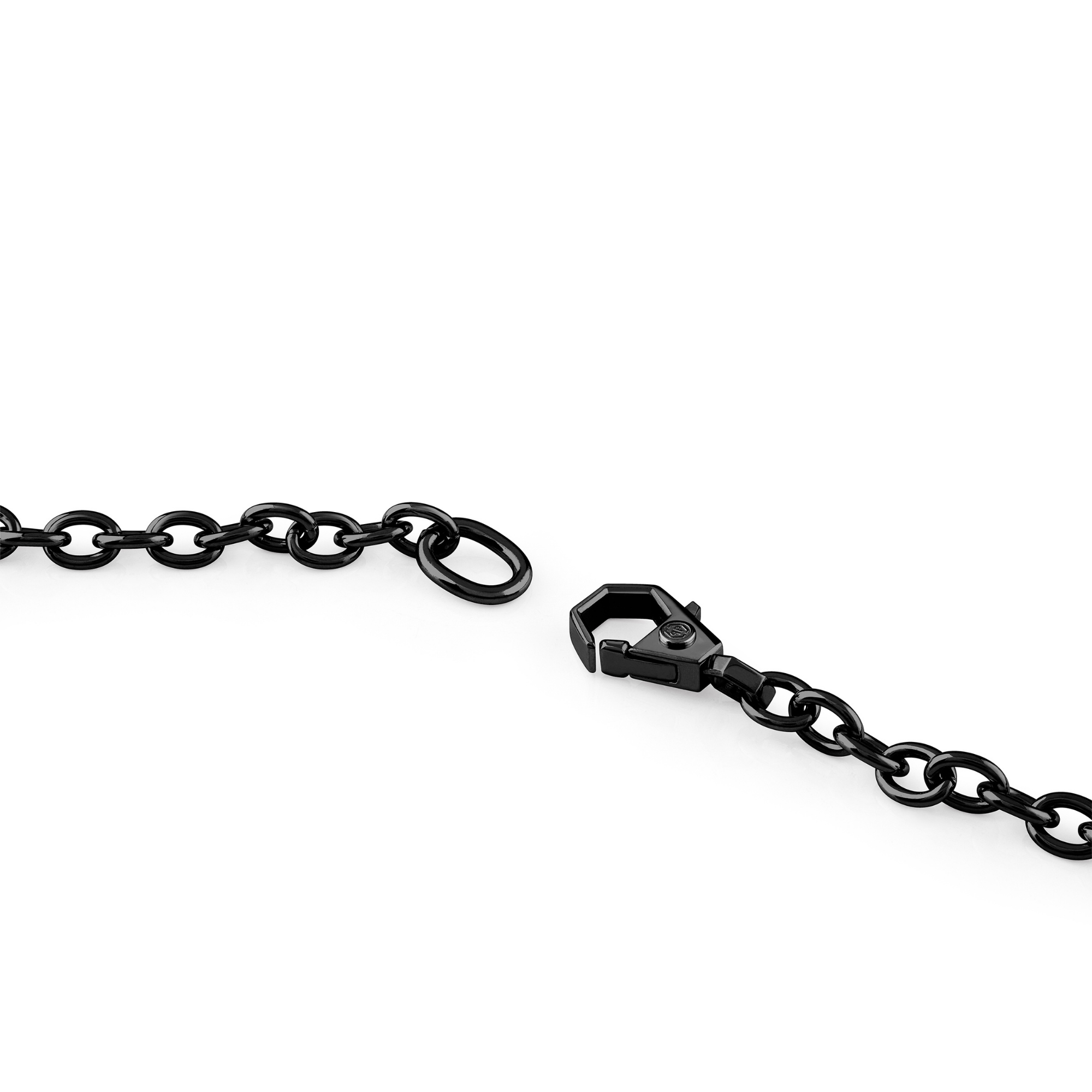 Die Philipp Plein Halskette - GOTHIC TAG ist eine schwarze Metallkette mit offenem Verschluss, die vom kühnen Stil von Philipp Plein inspiriert ist und ein auffälliges Accessoire darstellt.
